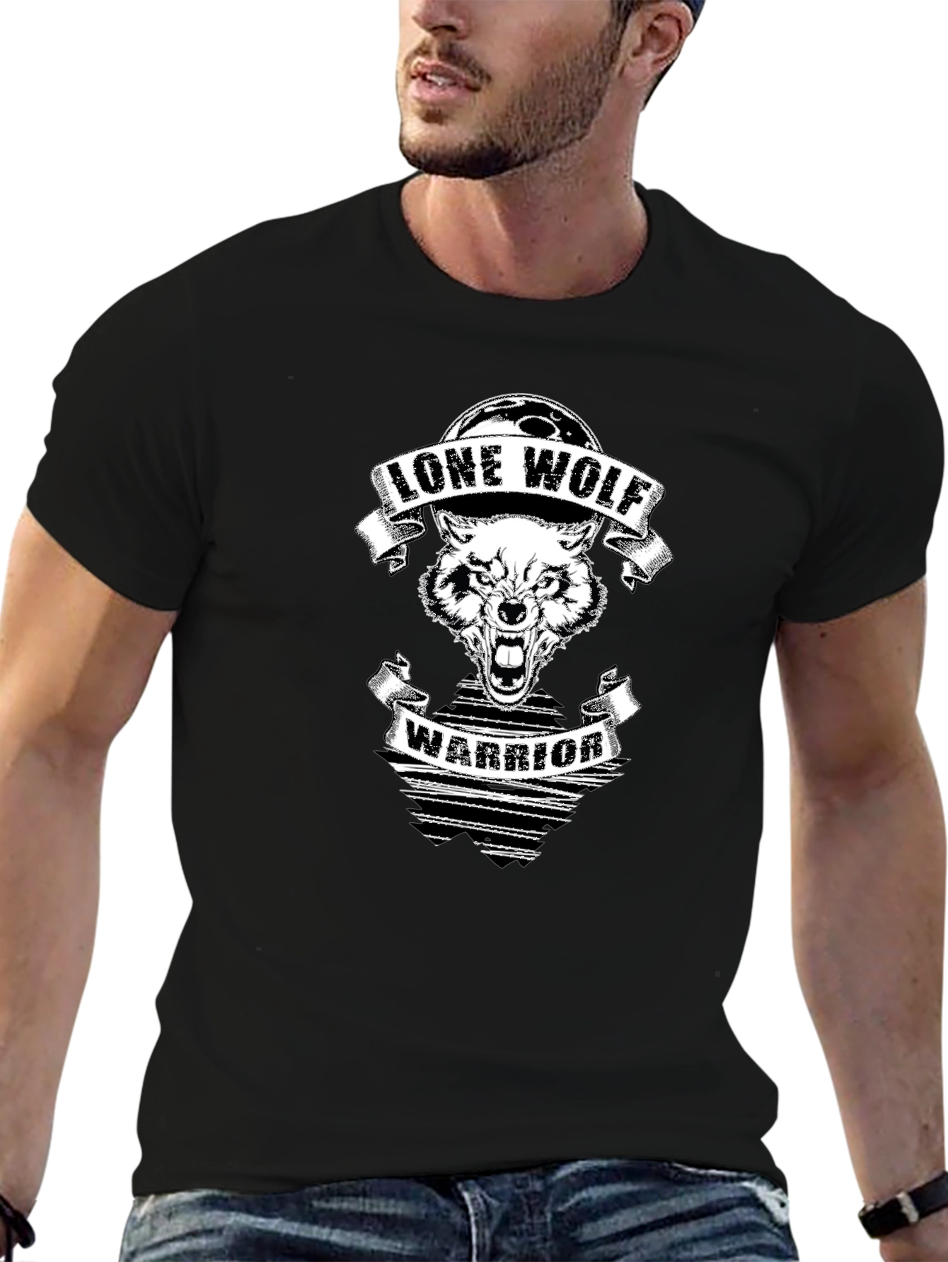 Lone Wolf Warrior Graphic Print Black T-Shirt