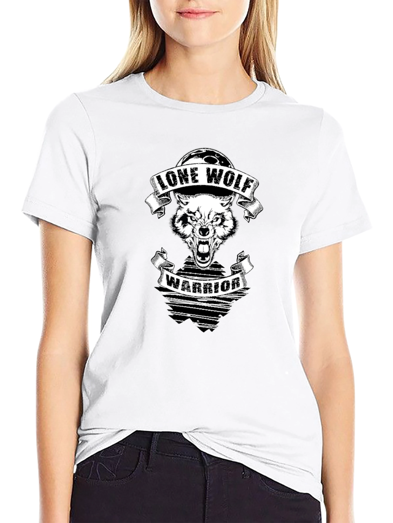 Lone Wolf Warrior Graphic Print Black T-Shirt