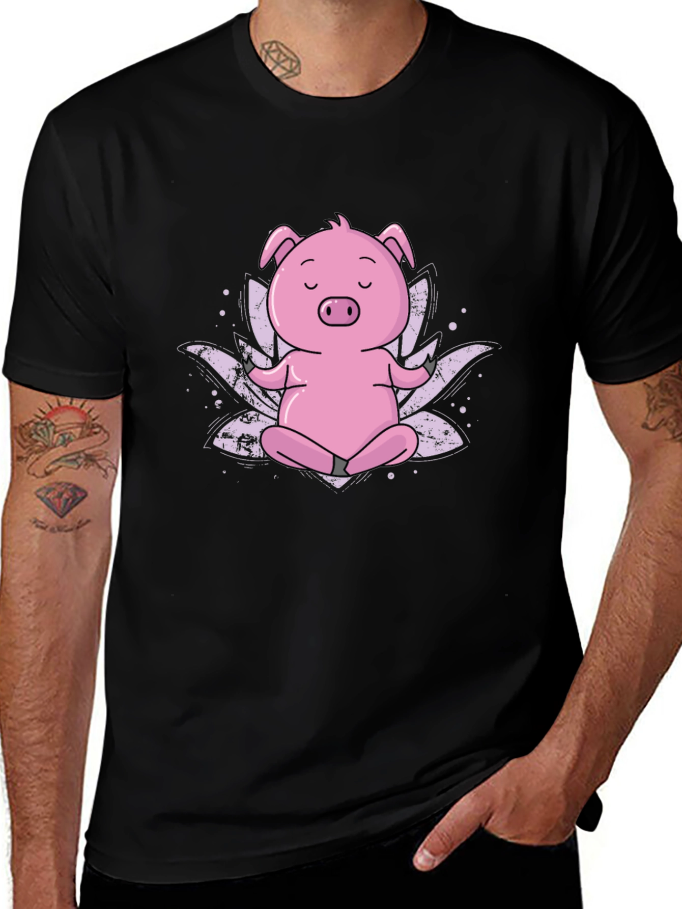 Zen Pig Black T-Shirt - Meditating Cartoon Animal