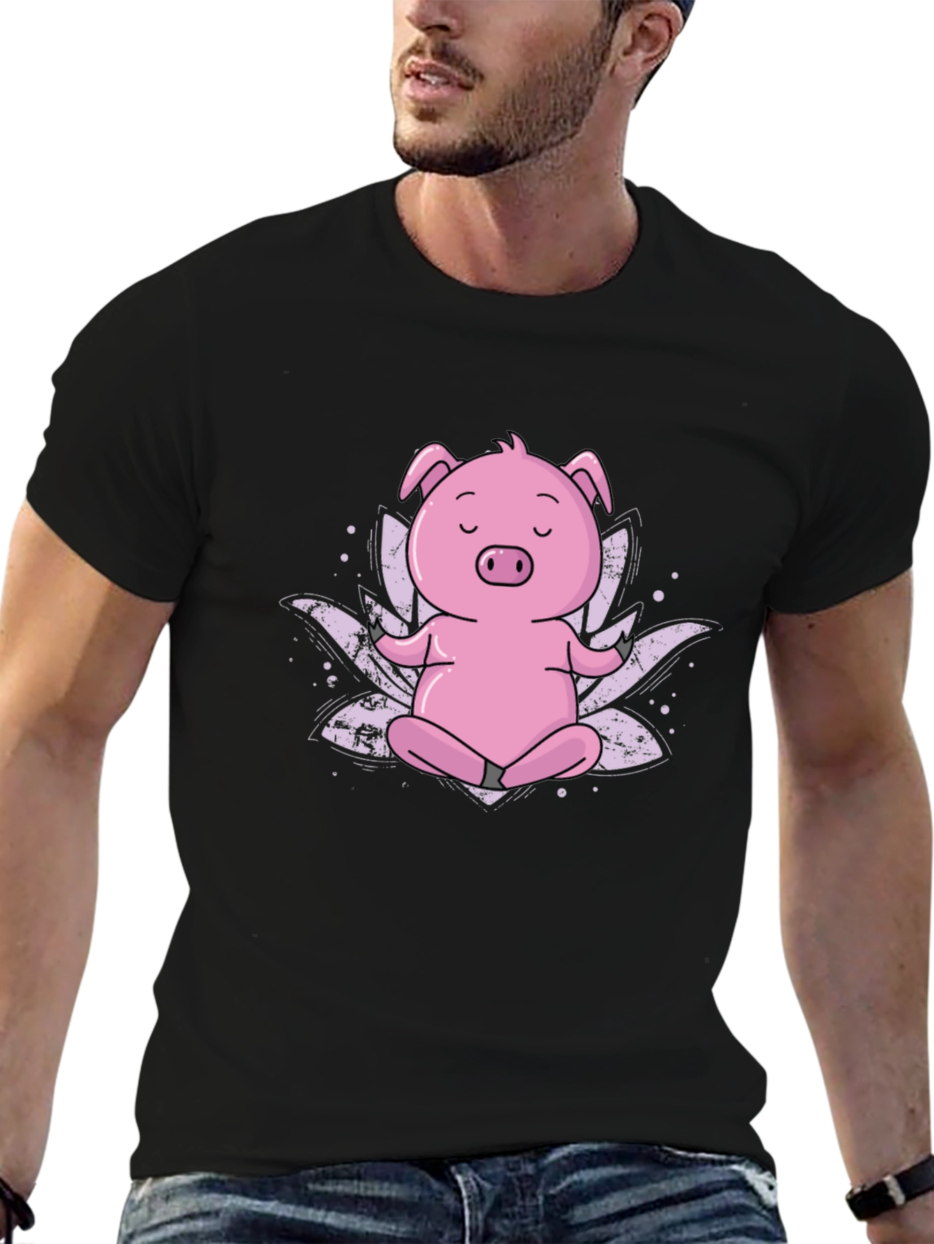 Zen Pig Black T-Shirt - Meditating Cartoon Animal