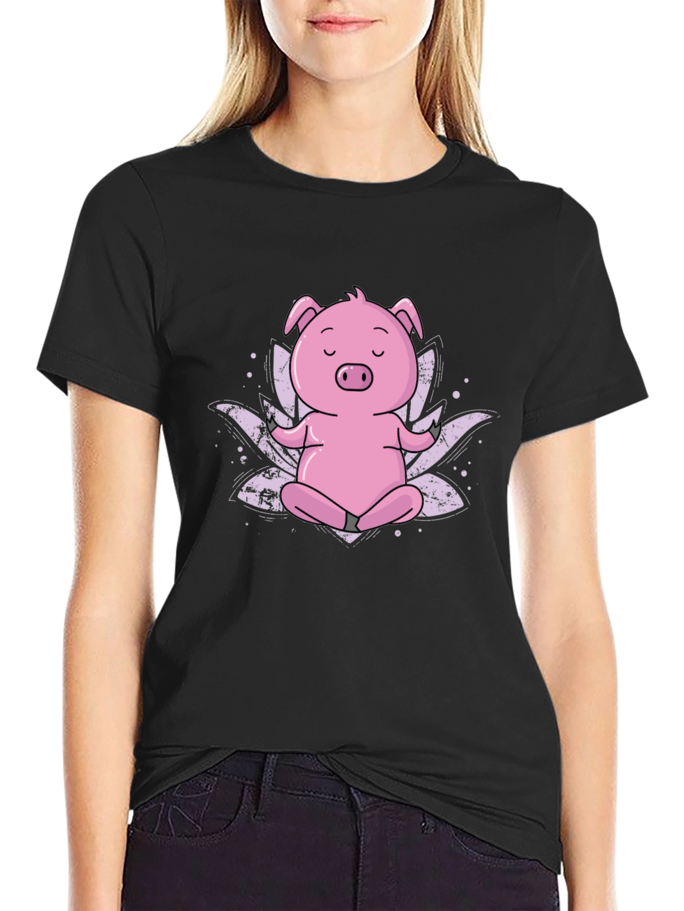 Zen Pig Black T-Shirt - Meditating Cartoon Animal