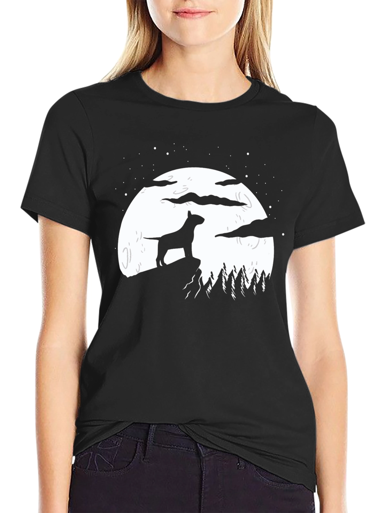 Dog Silhouette Moon Graphic T-Shirt