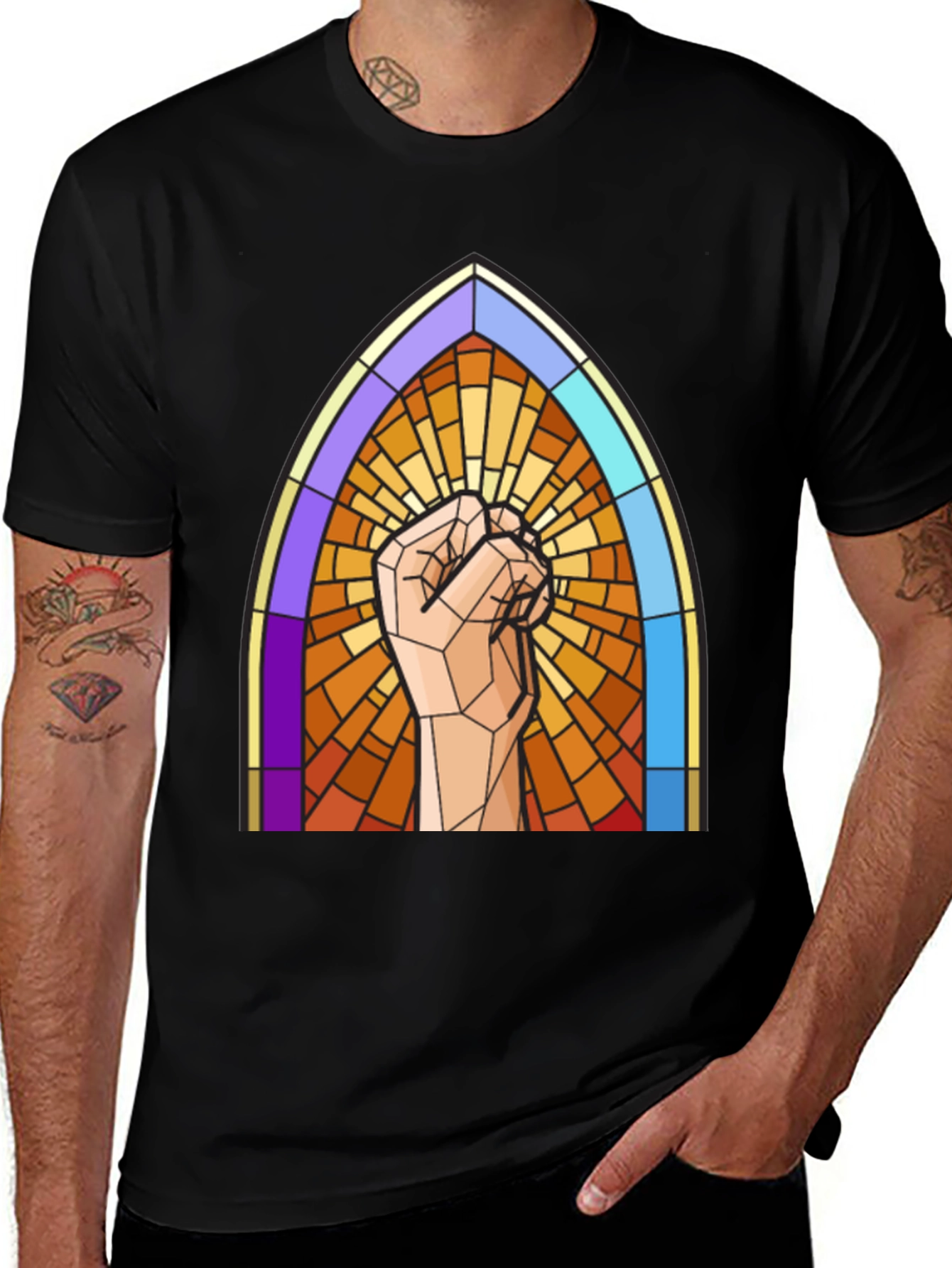 Stained Glass Fist Graphic Tee - Bold Statement Shirt