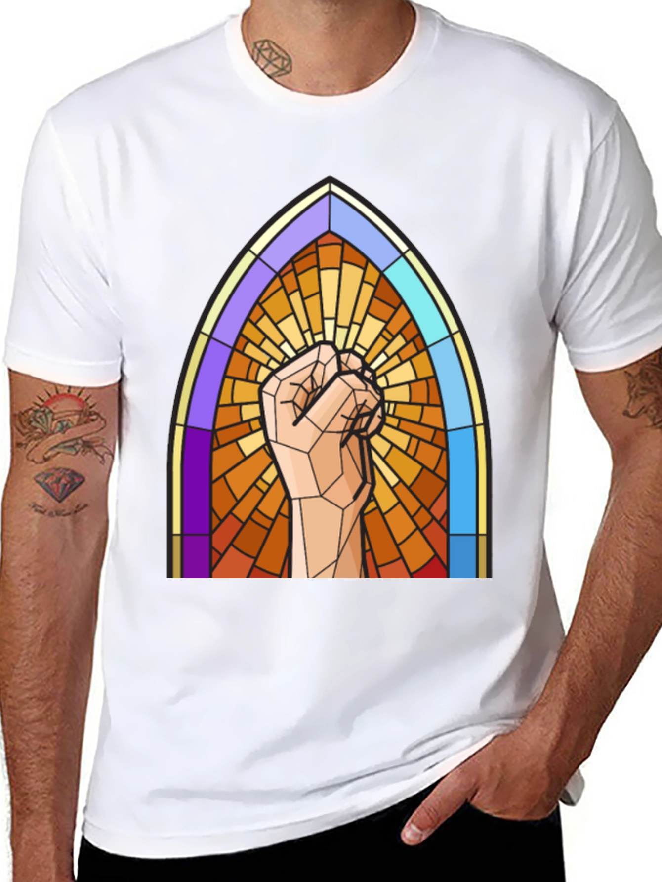 Stained Glass Fist Graphic Tee - Bold Statement Shirt