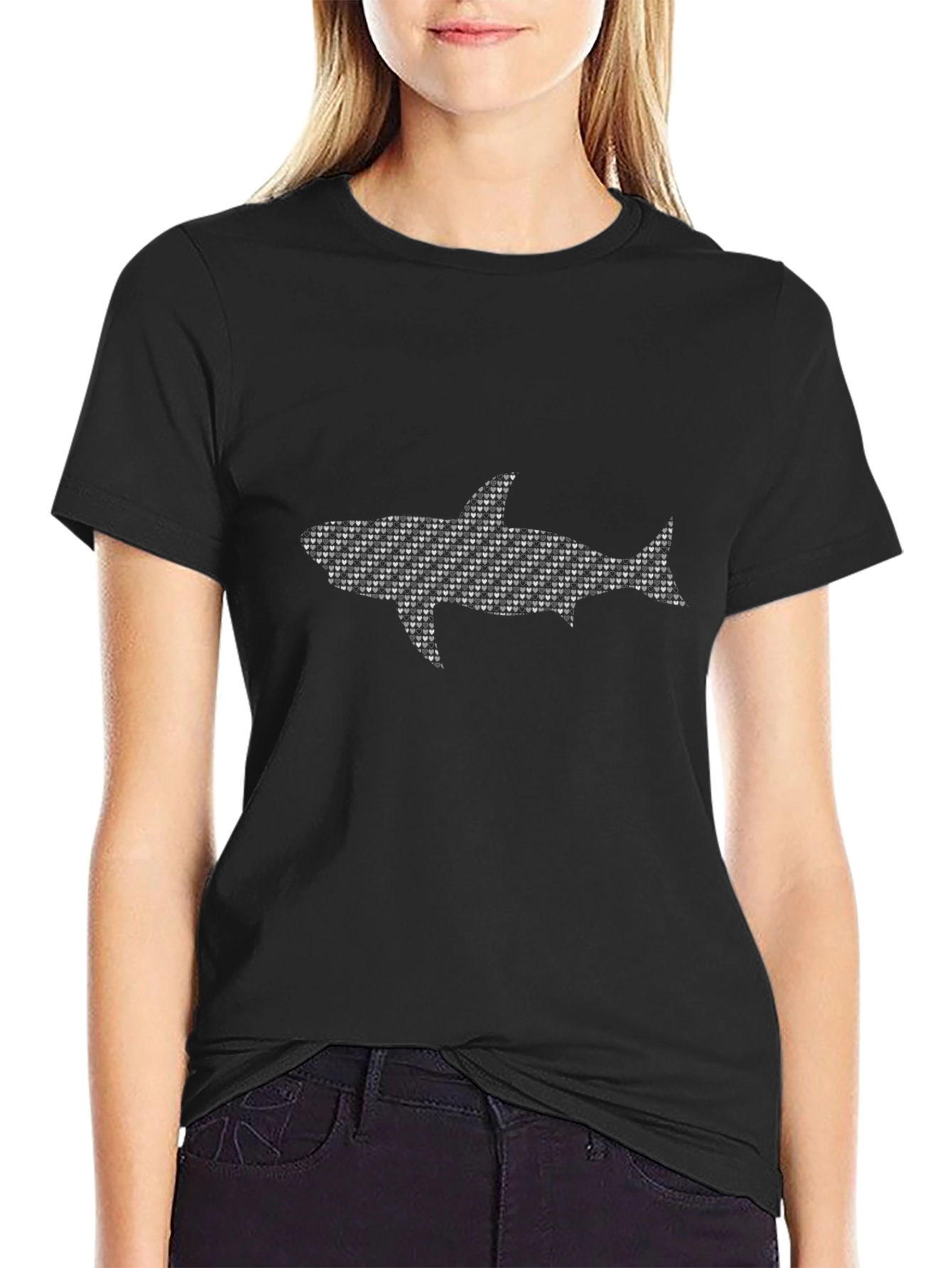 Shark Pattern Print Black Cotton T-Shirt