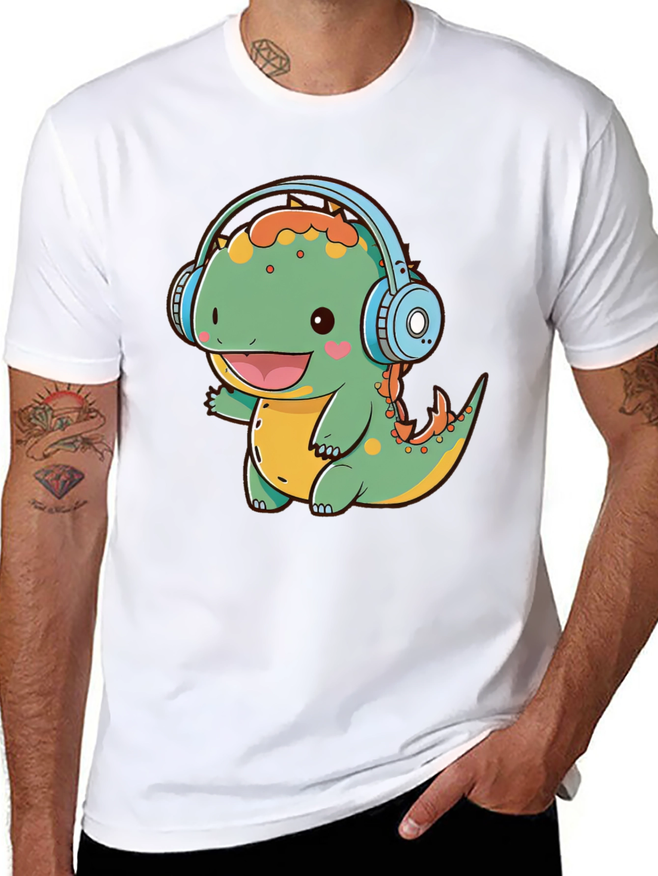 Cute Dinosaur Headphones Graphic Tee - Fun Black T-Shirt
