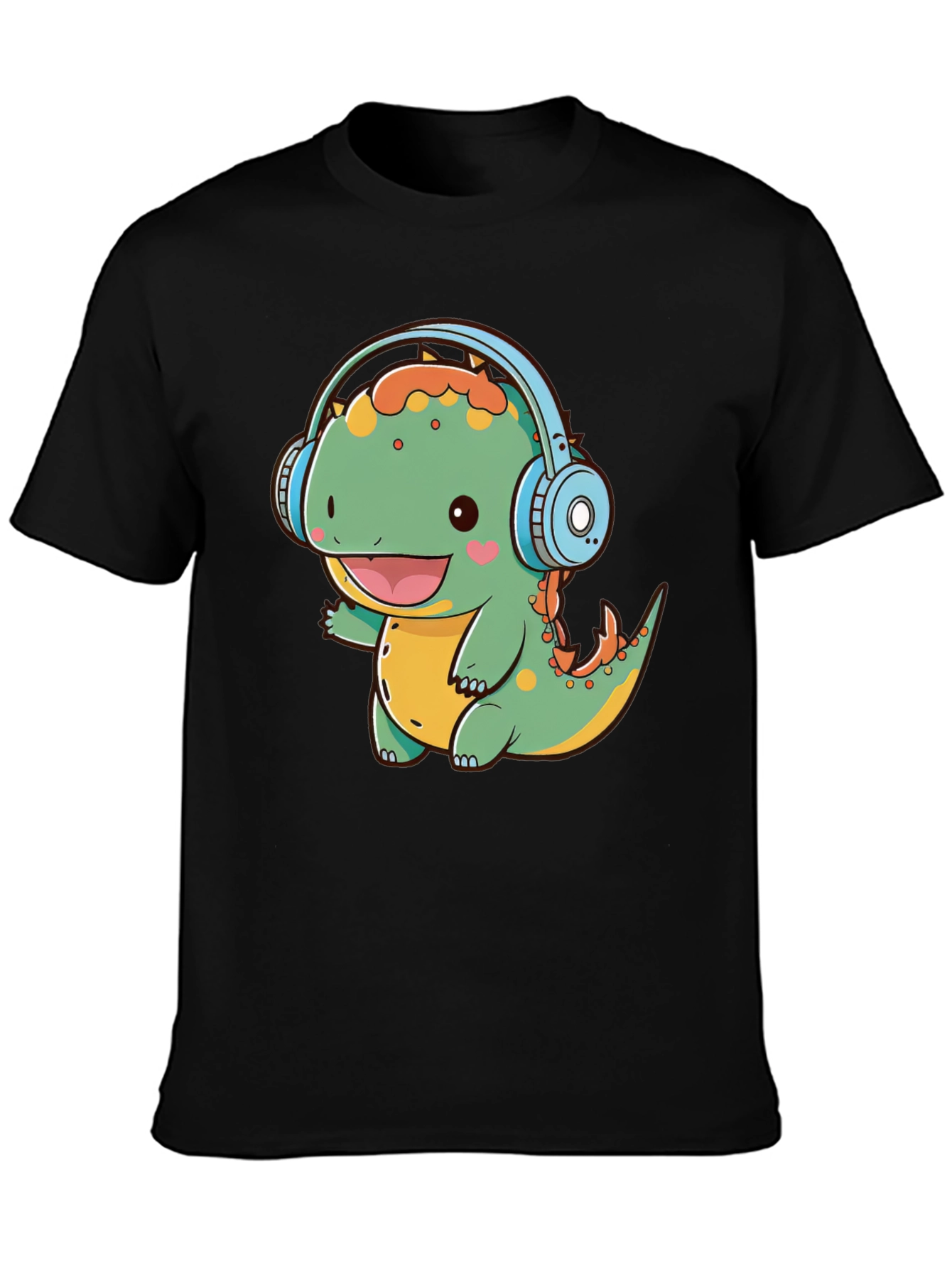 Cute Dinosaur Headphones Graphic Tee - Fun Black T-Shirt