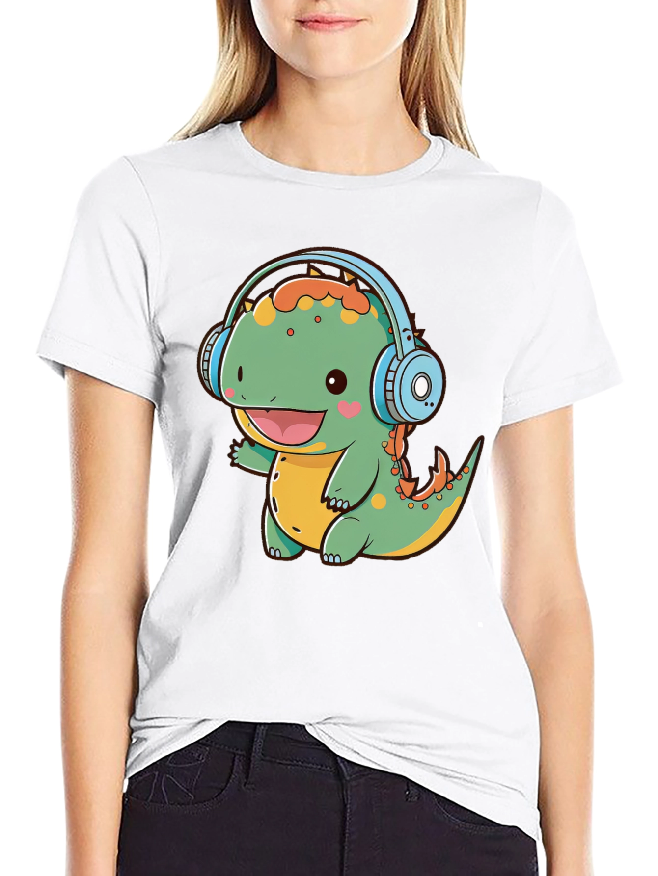 Cute Dinosaur Headphones Graphic Tee - Fun Black T-Shirt