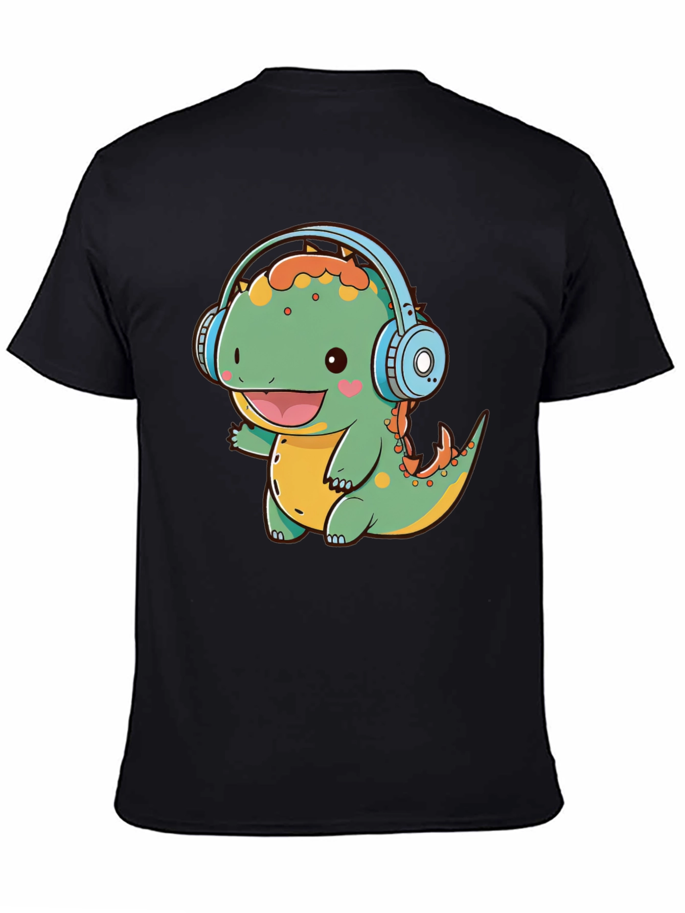 Cute Dinosaur Headphones Graphic Tee - Fun Black T-Shirt