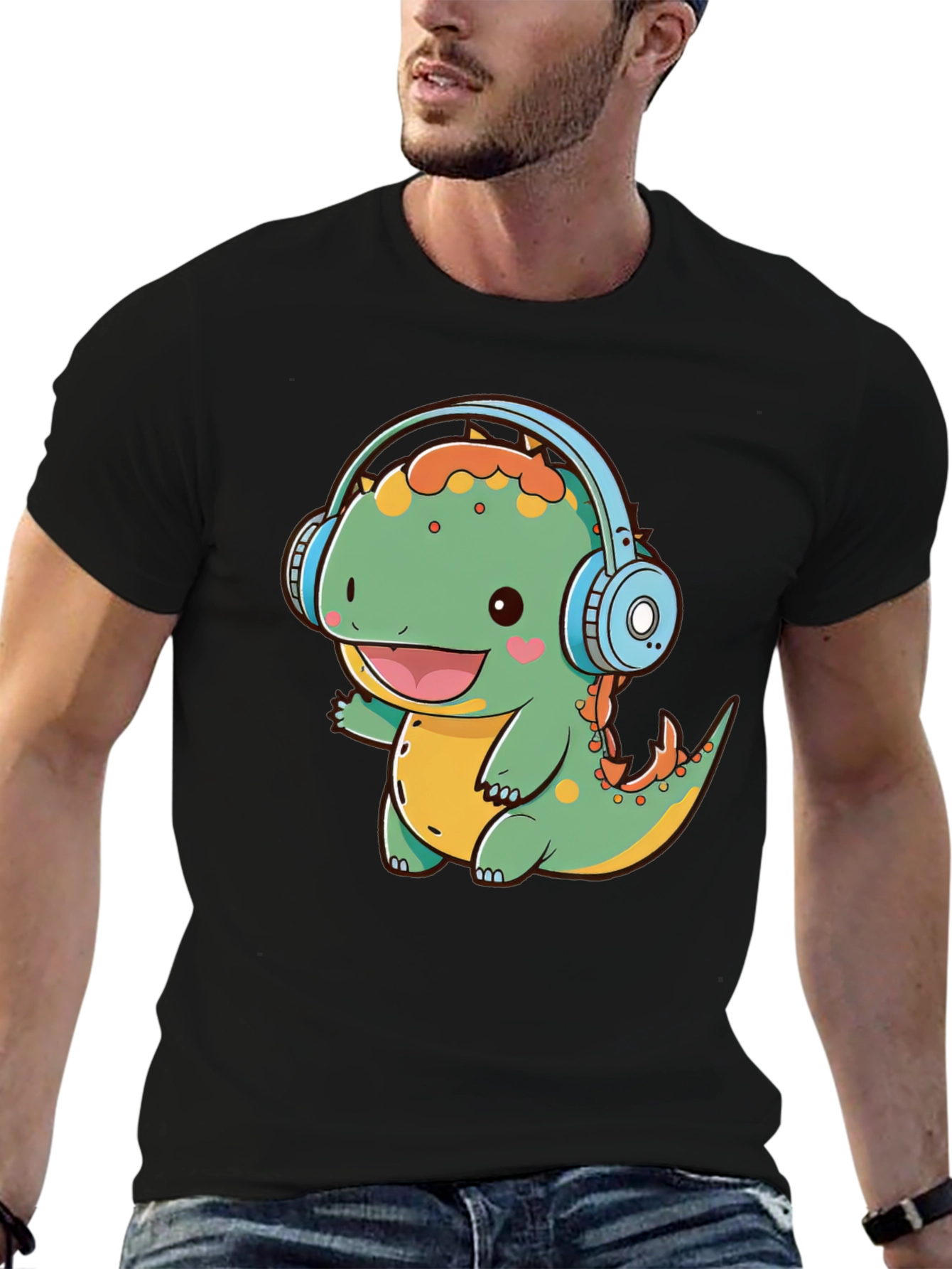 Cute Dinosaur Headphones Graphic Tee - Fun Black T-Shirt