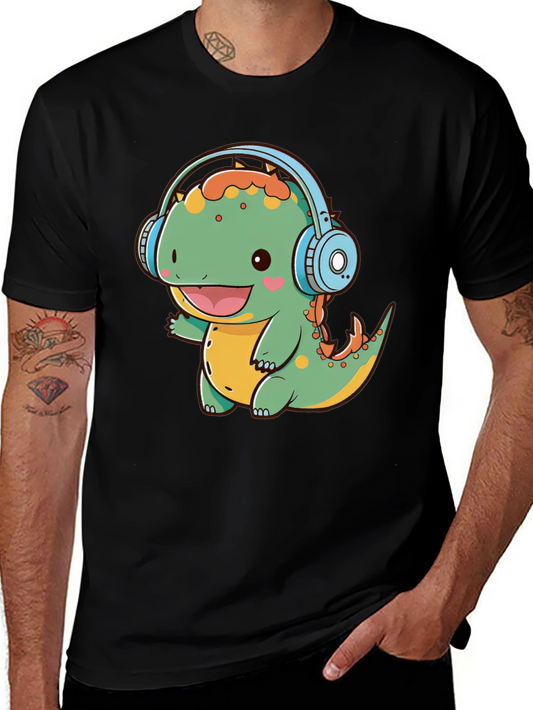 Cute Dinosaur Headphones Graphic Tee - Fun Black T-Shirt