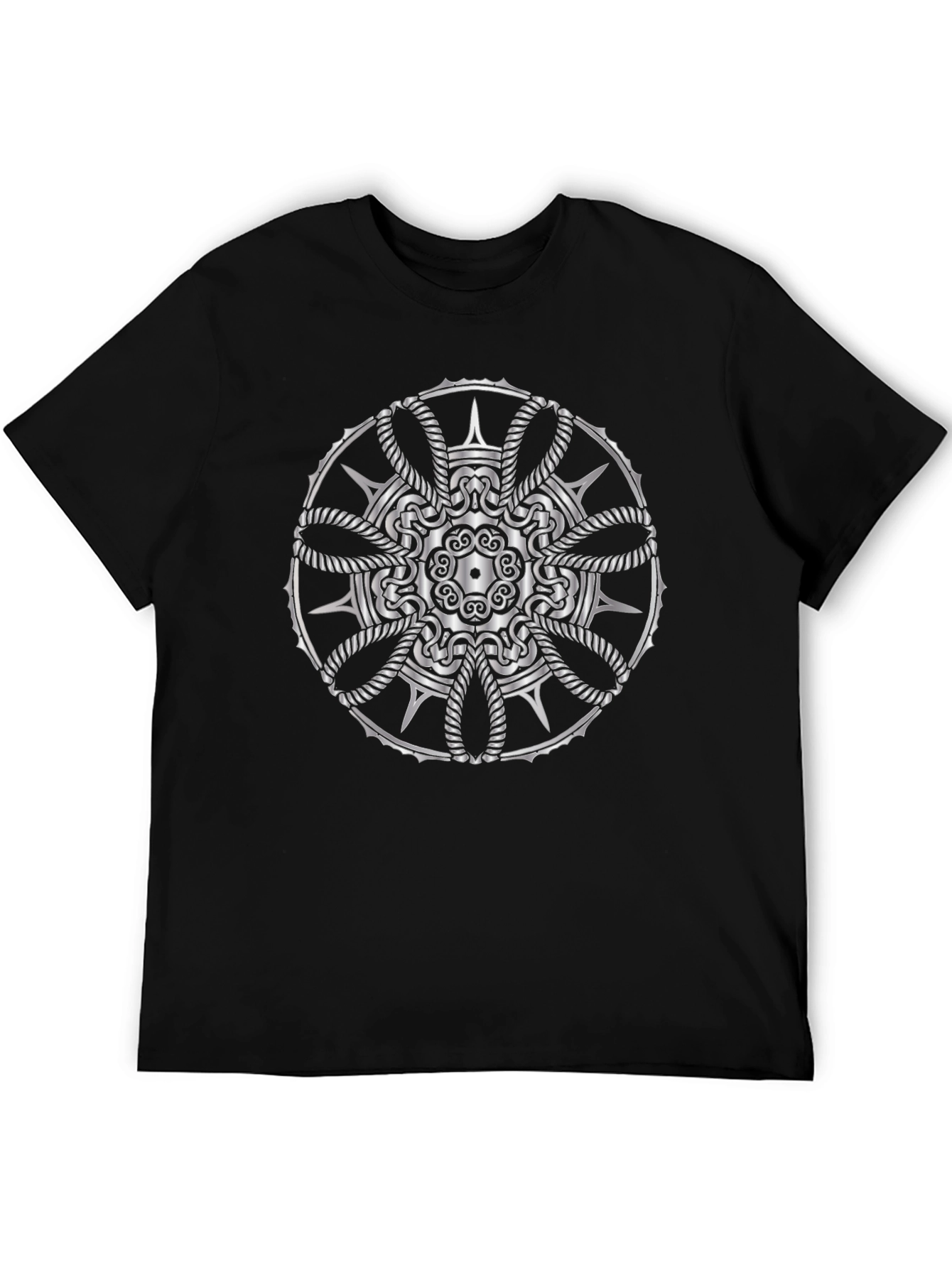 Geometric Silver Mandala Print Black T-Shirt