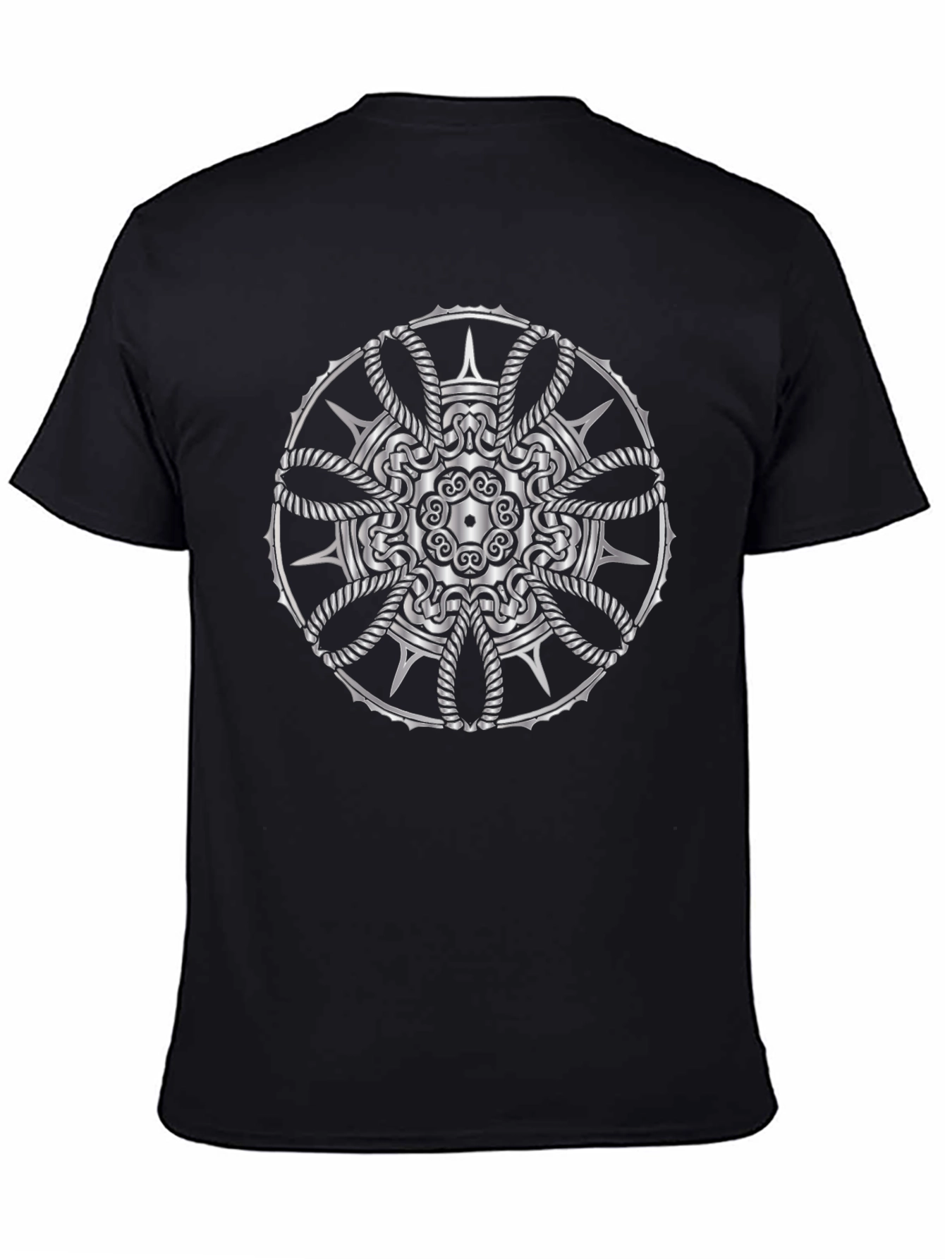 Geometric Silver Mandala Print Black T-Shirt