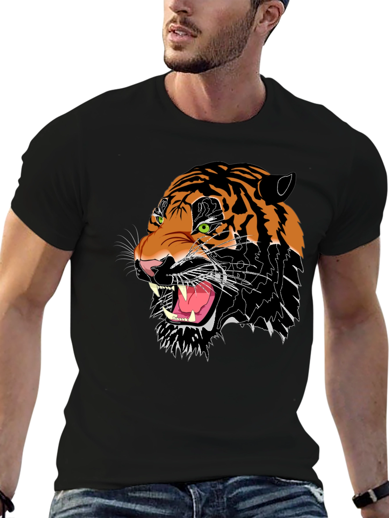 Mens Black Graphic Tee - Fierce Tiger Design