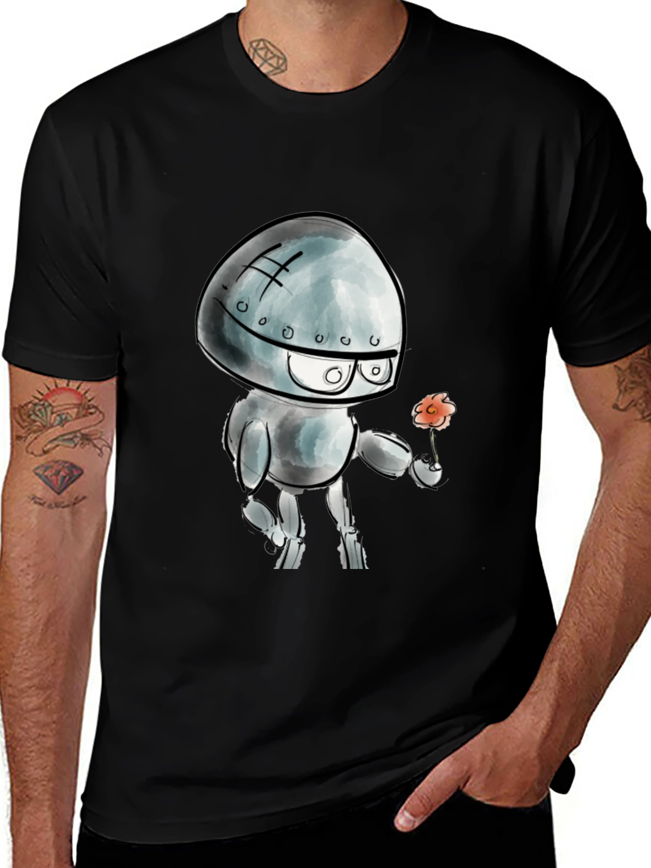 Robot with Flower Graphic T-Shirt