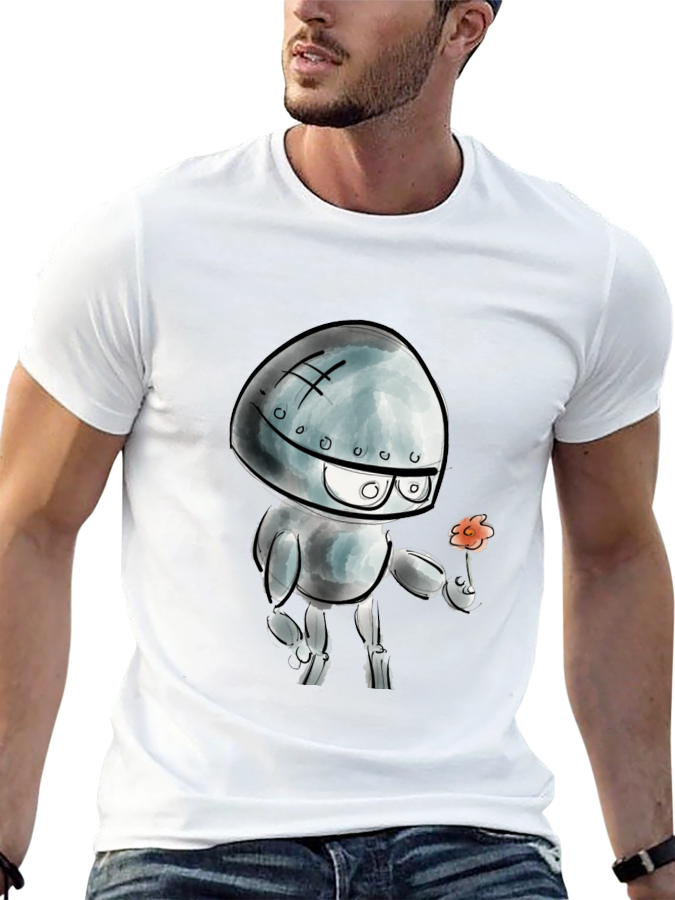 Robot with Flower Graphic T-Shirt