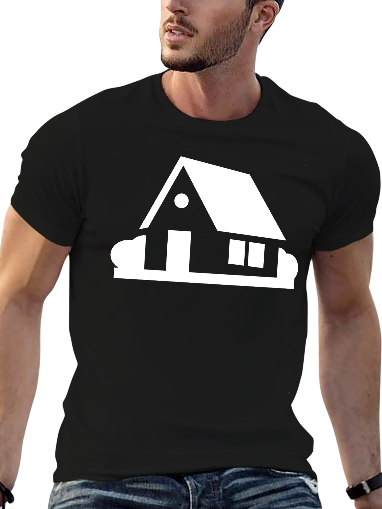 Modern House Graphic Tee - Black Cotton Casual Shirt