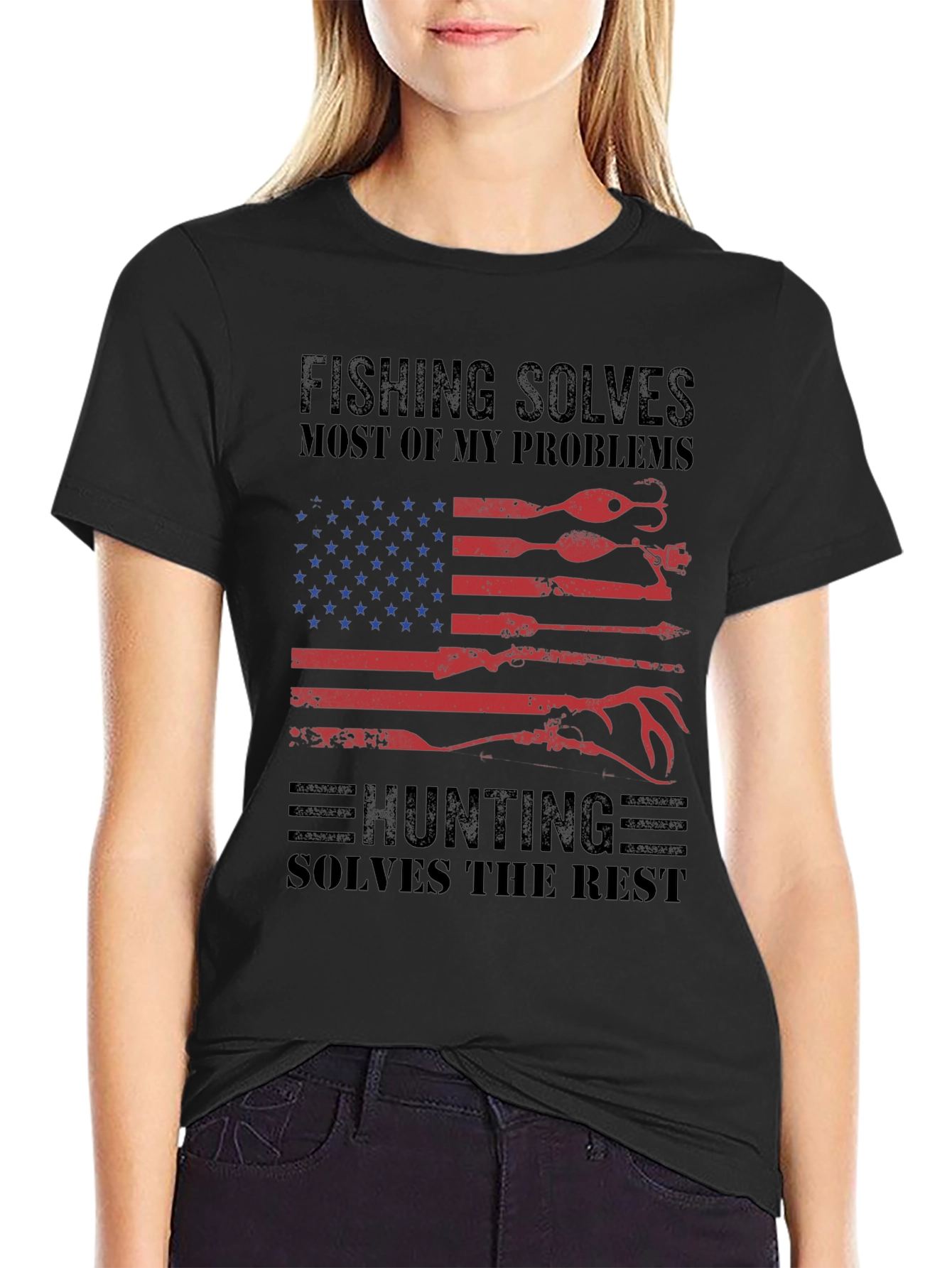 Fishing & Hunting Solves Problems USA Flag T-Shirt
