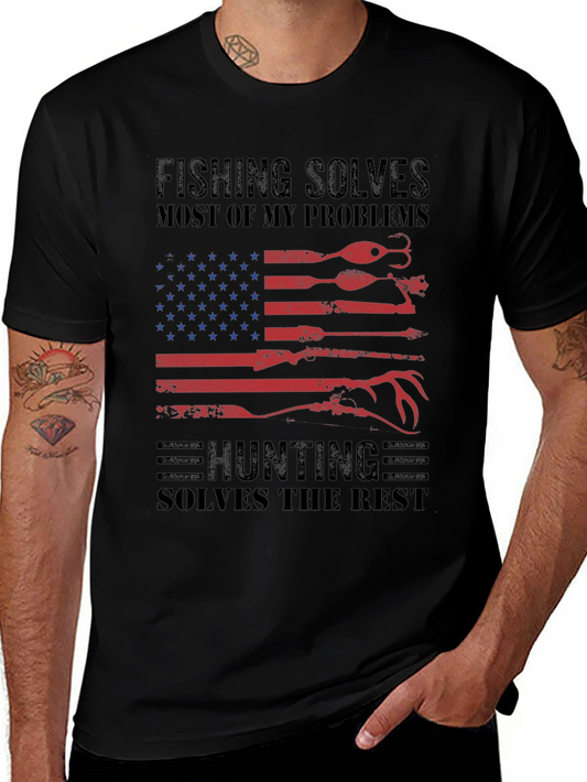 Fishing & Hunting Solves Problems USA Flag T-Shirt