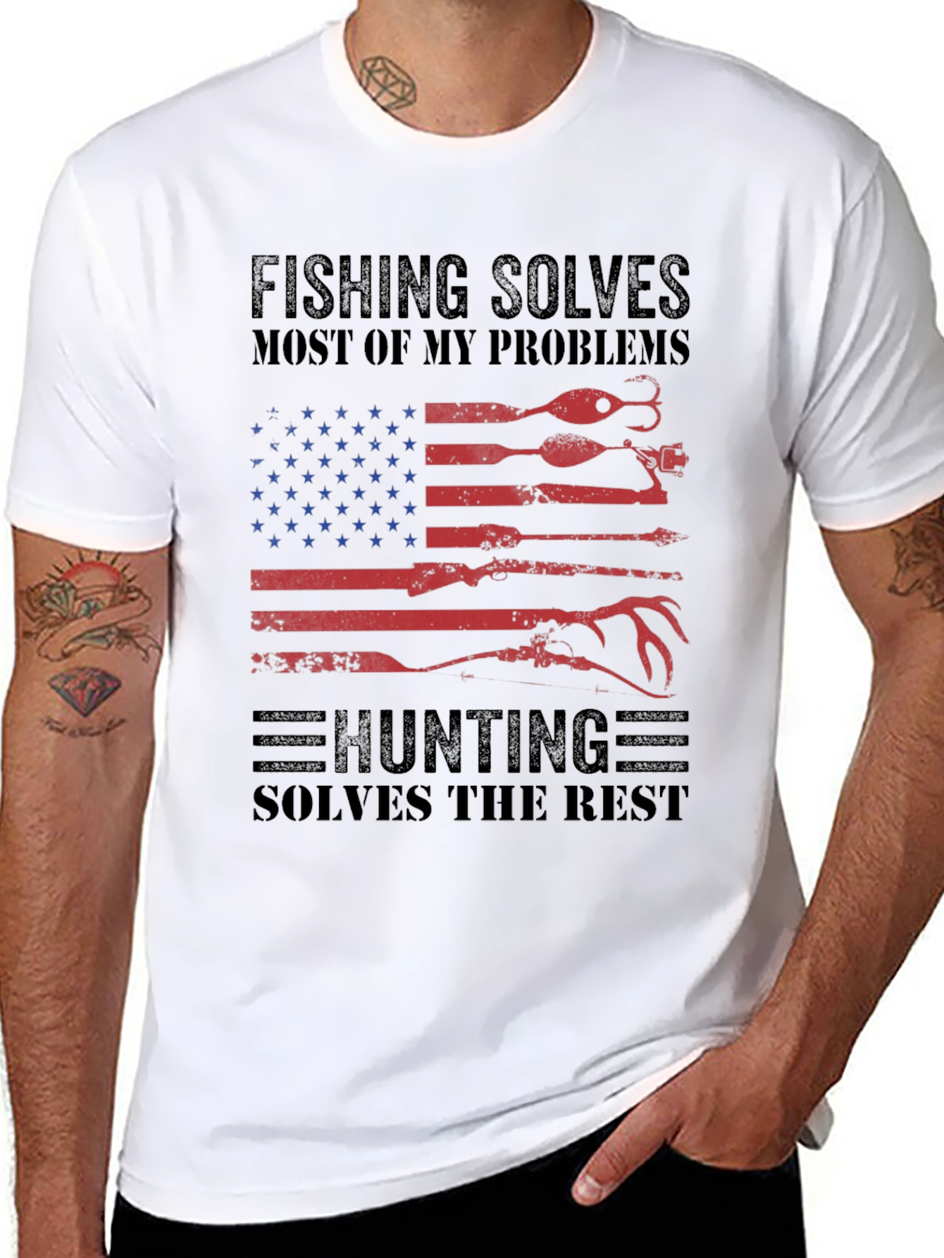 Fishing & Hunting Solves Problems USA Flag T-Shirt