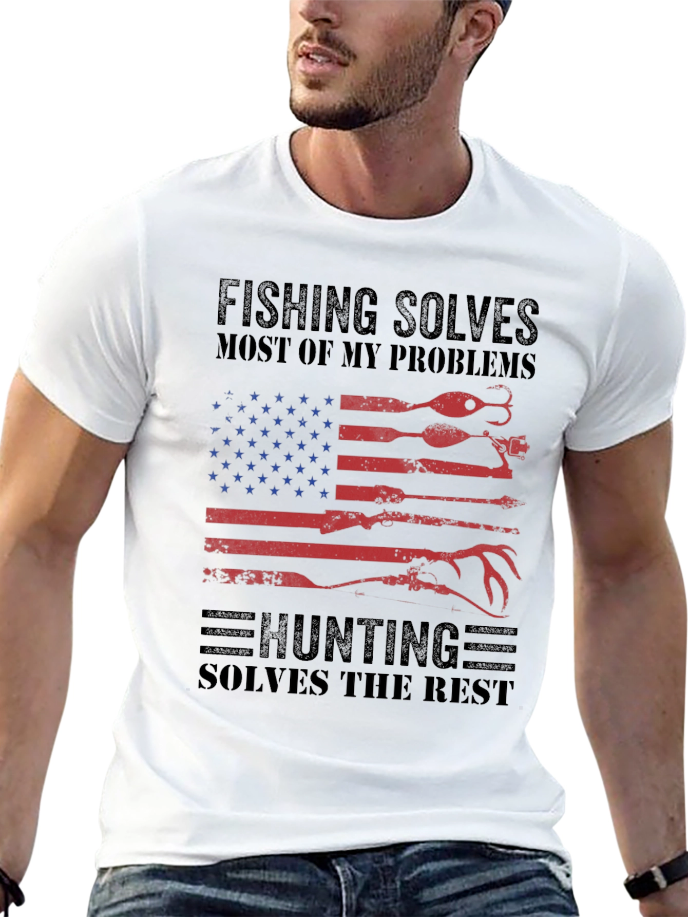 Fishing & Hunting Solves Problems USA Flag T-Shirt
