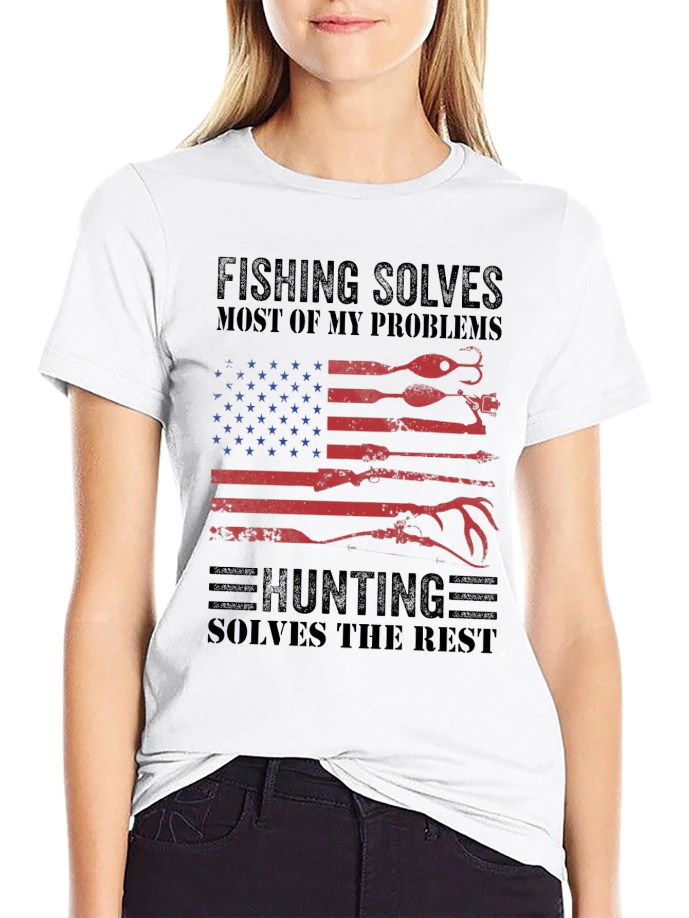 Fishing & Hunting Solves Problems USA Flag T-Shirt