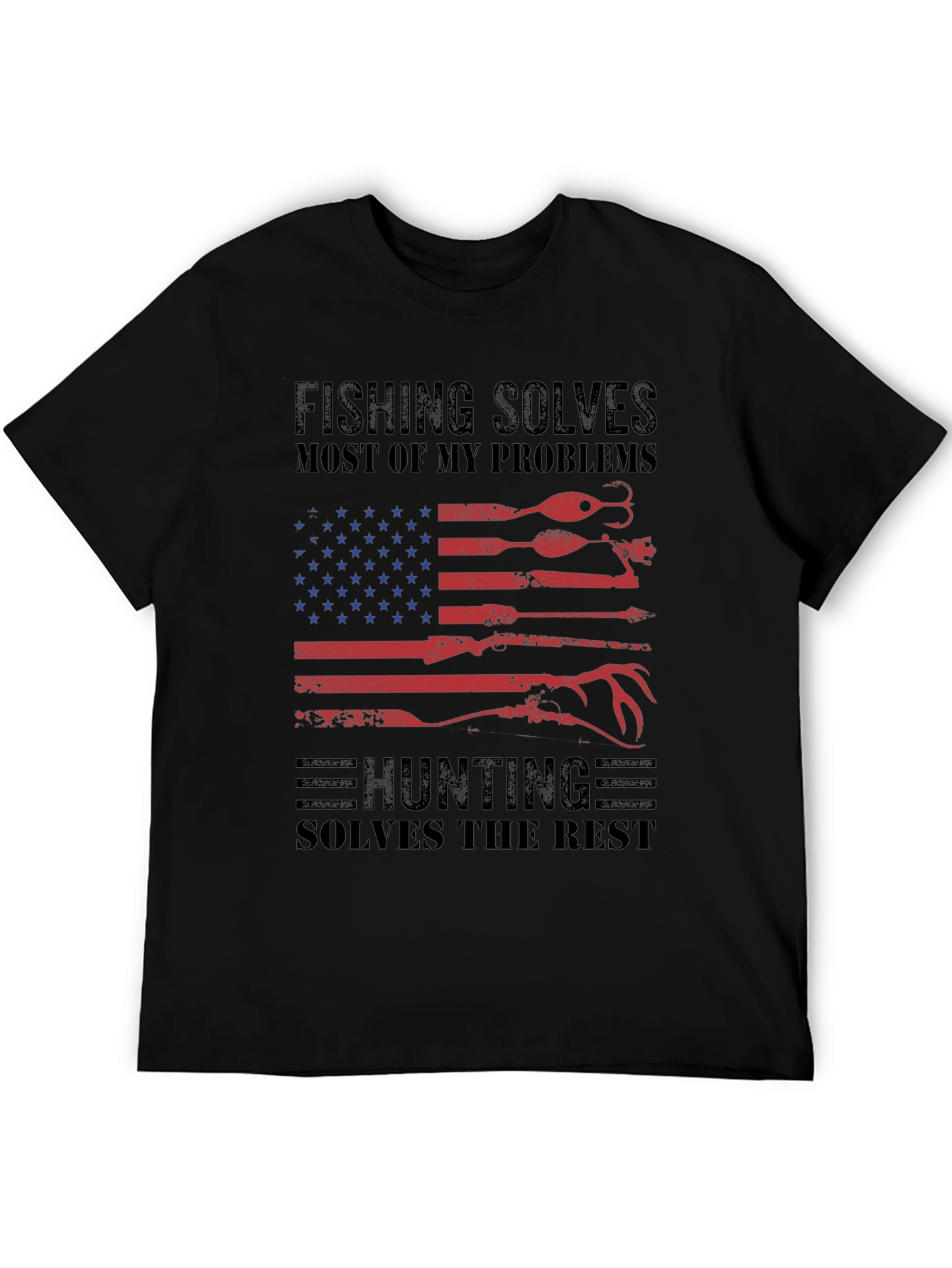 Fishing & Hunting Solves Problems USA Flag T-Shirt