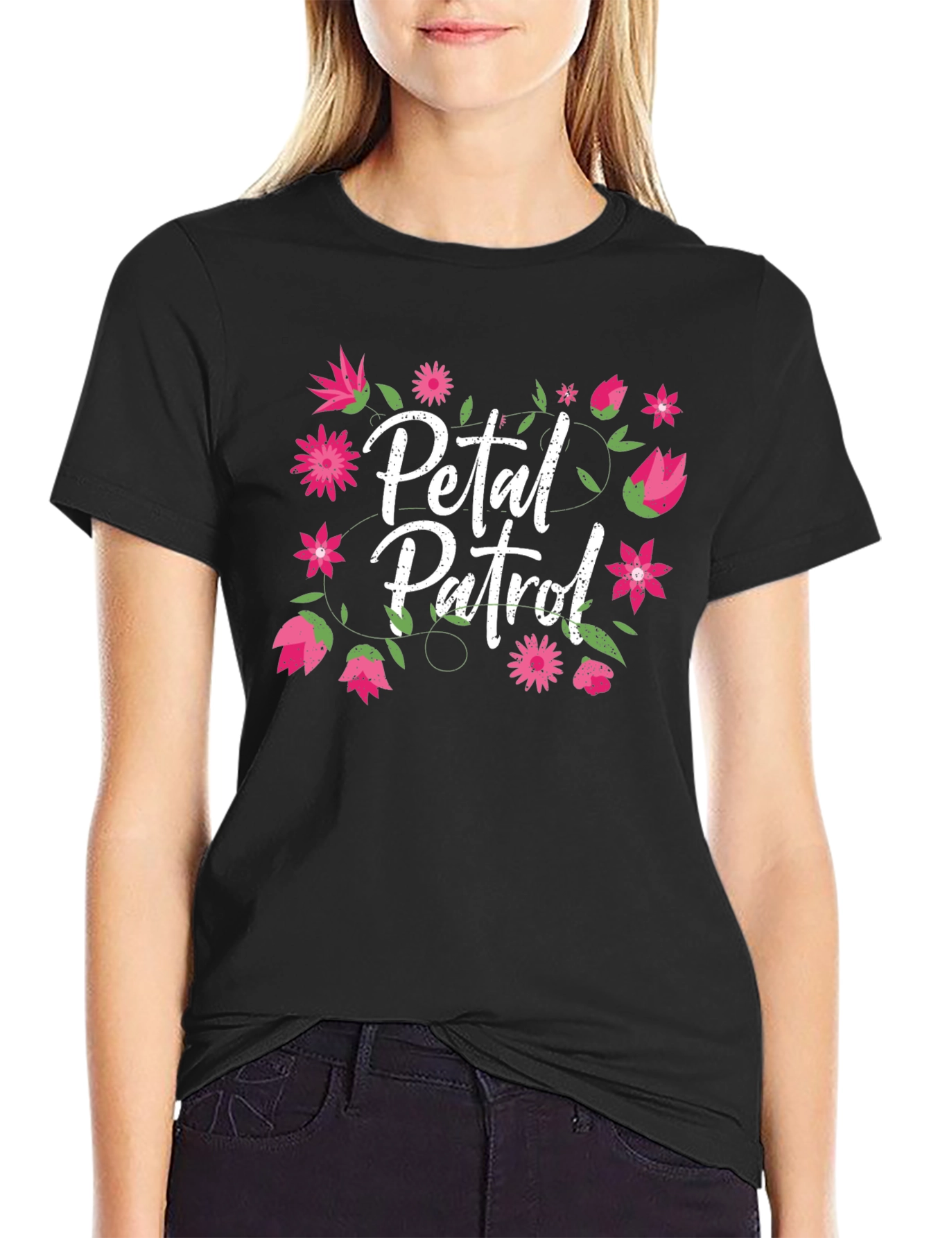 Petal Patrol Floral Graphic Black T-Shirt