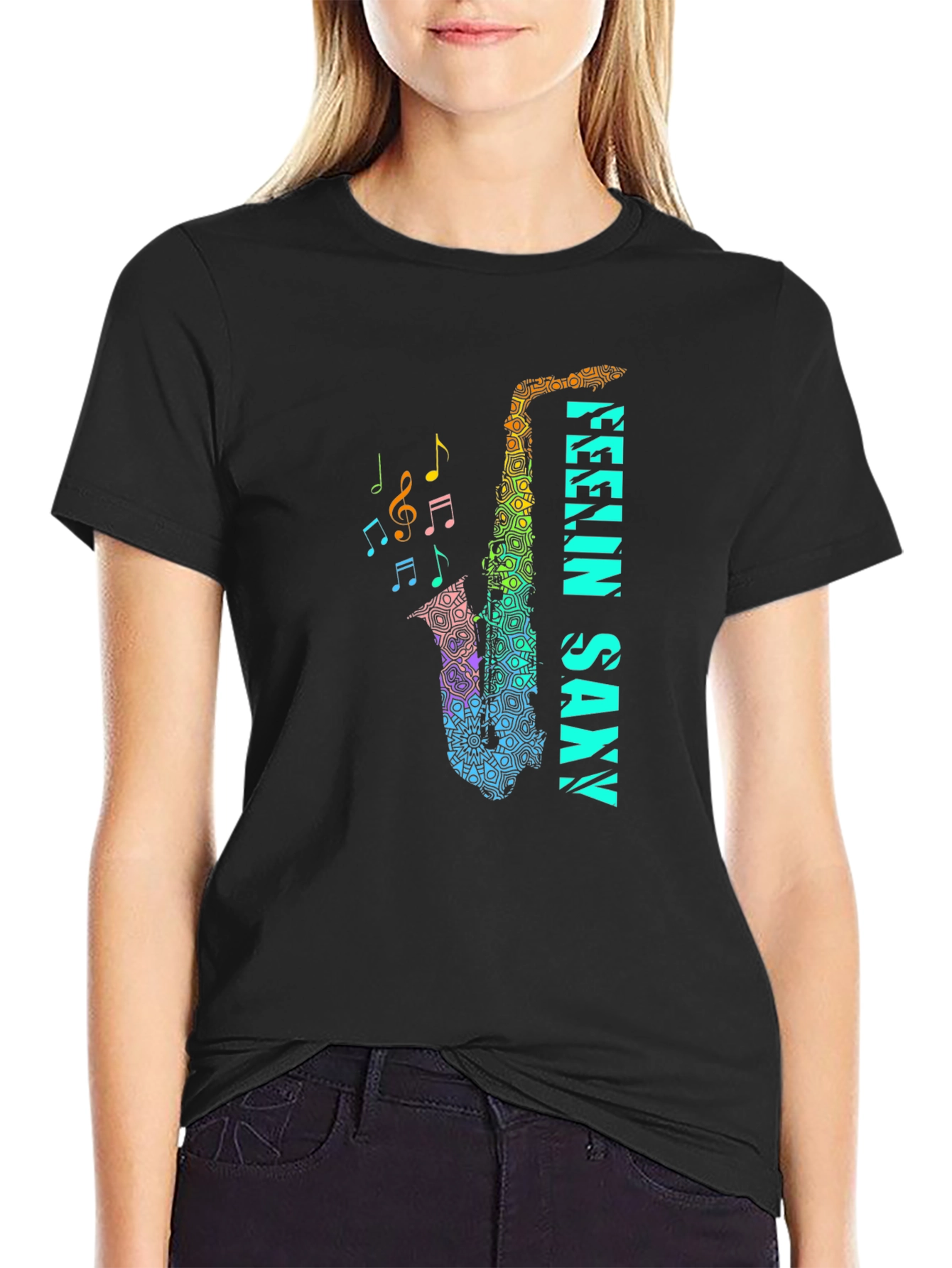 Feelin Saxxy Black T-Shirt - Musical Instrument Graphic Tee