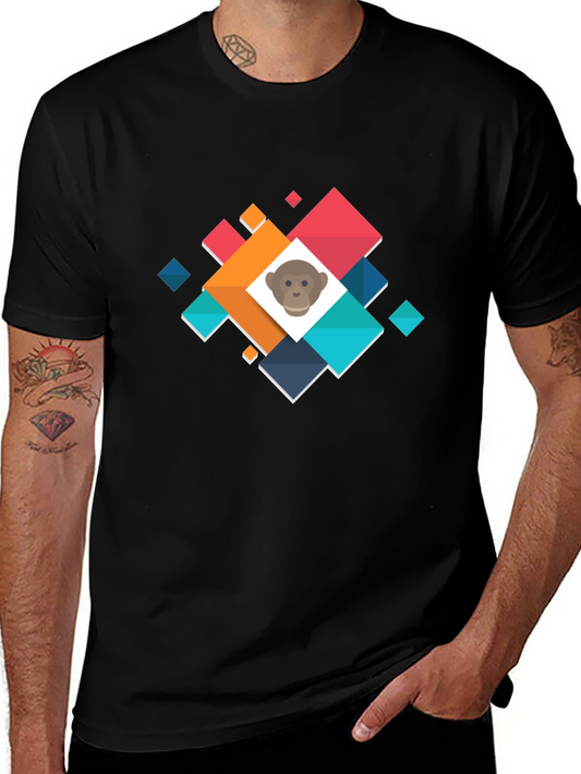 Geometric Monkey Face Graphic Black T-Shirt