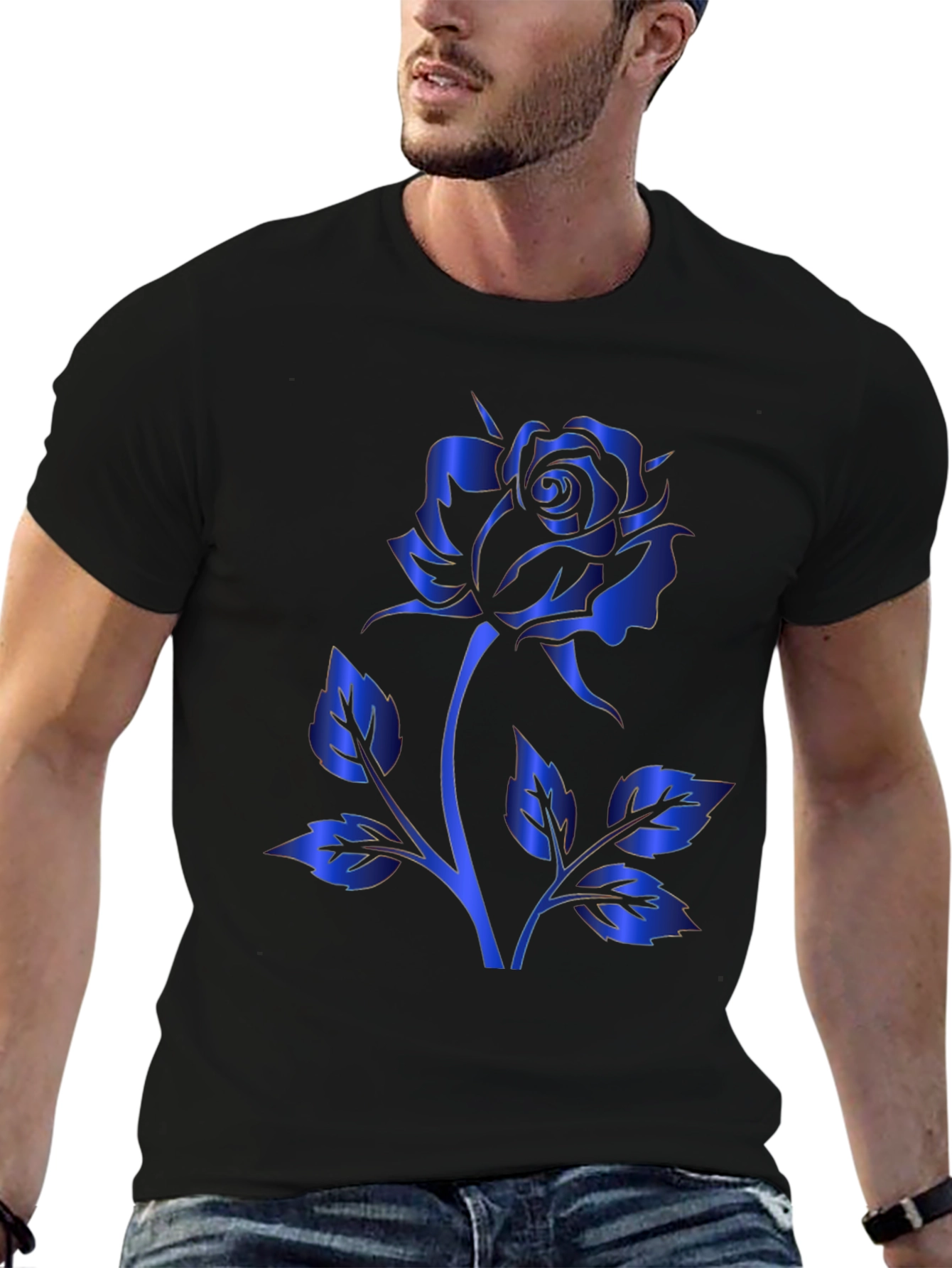Blue Rose Graphic Print Black T-Shirt