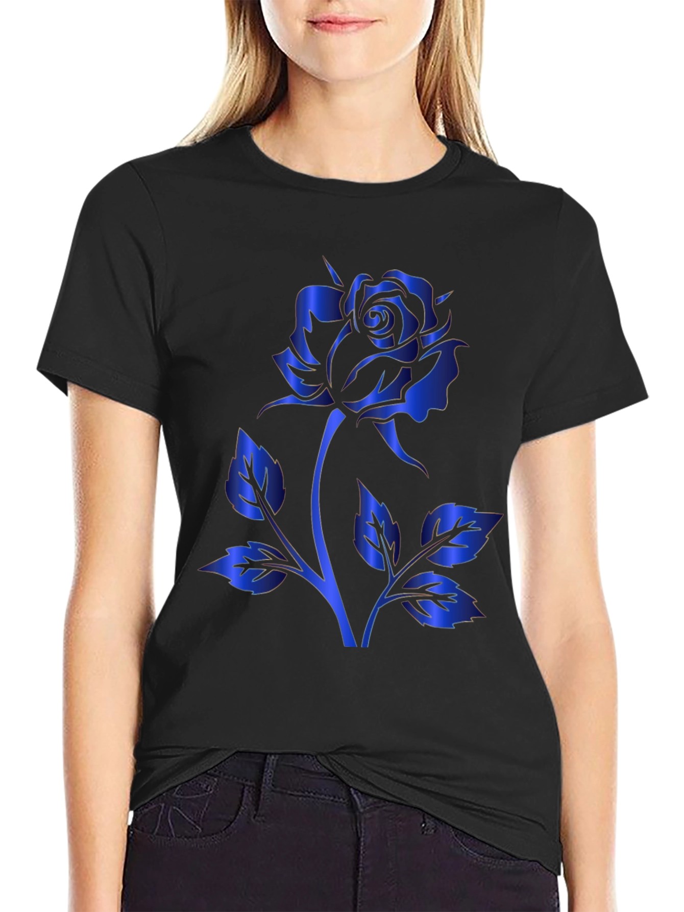 Blue Rose Graphic Print Black T-Shirt