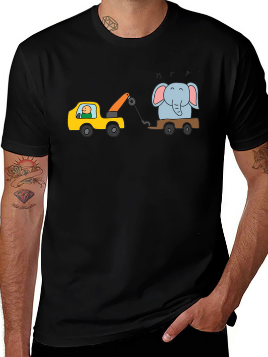 Cartoon Elephant Tow Truck Mens Black T-Shirt