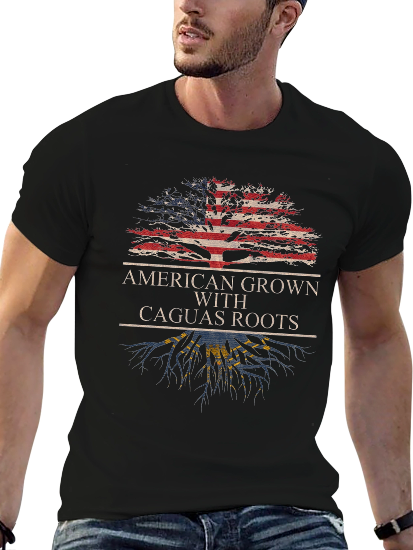 American Grown with Caguas Roots Black T-Shirt