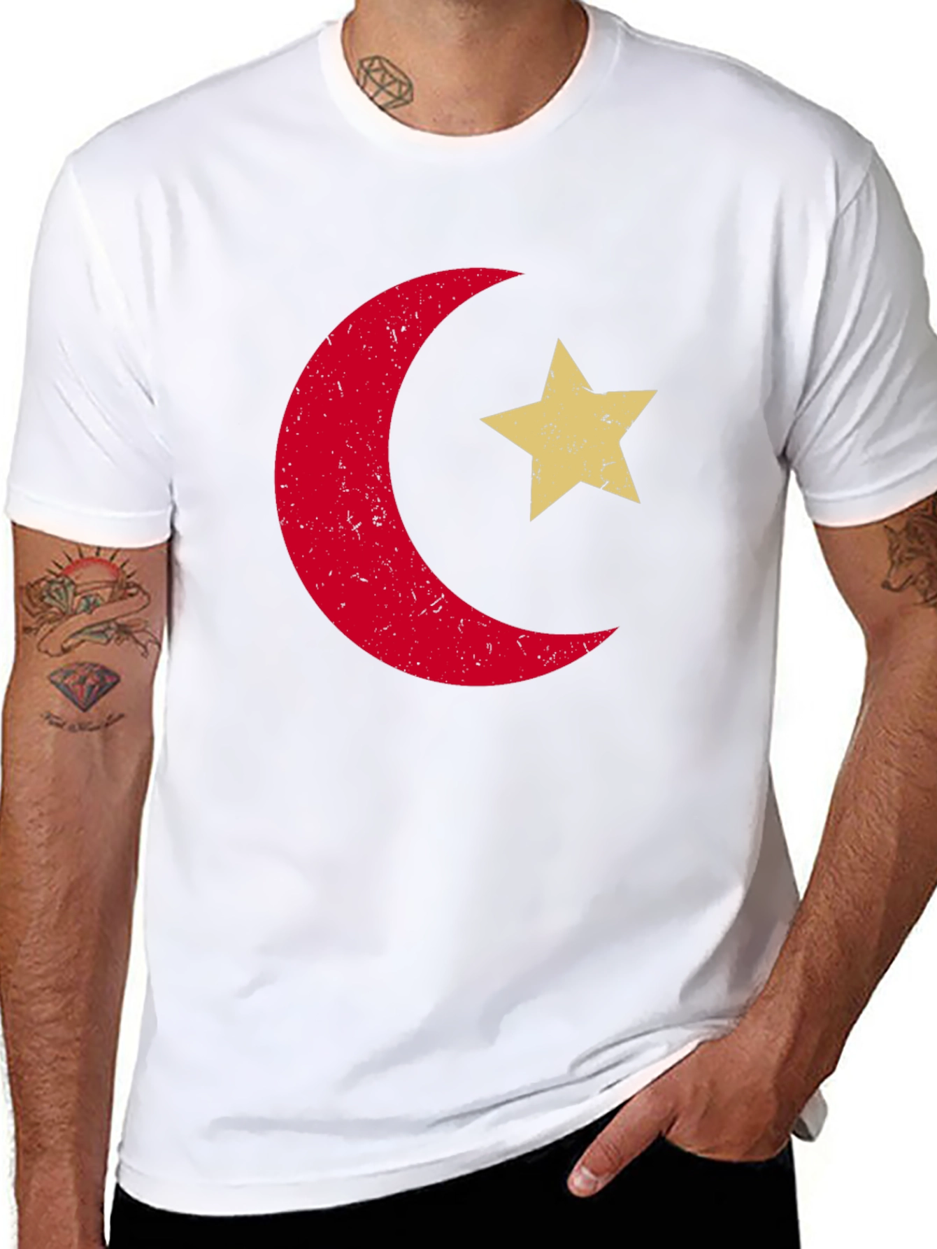 Retro Crescent Moon & Star Graphic Tee - Black