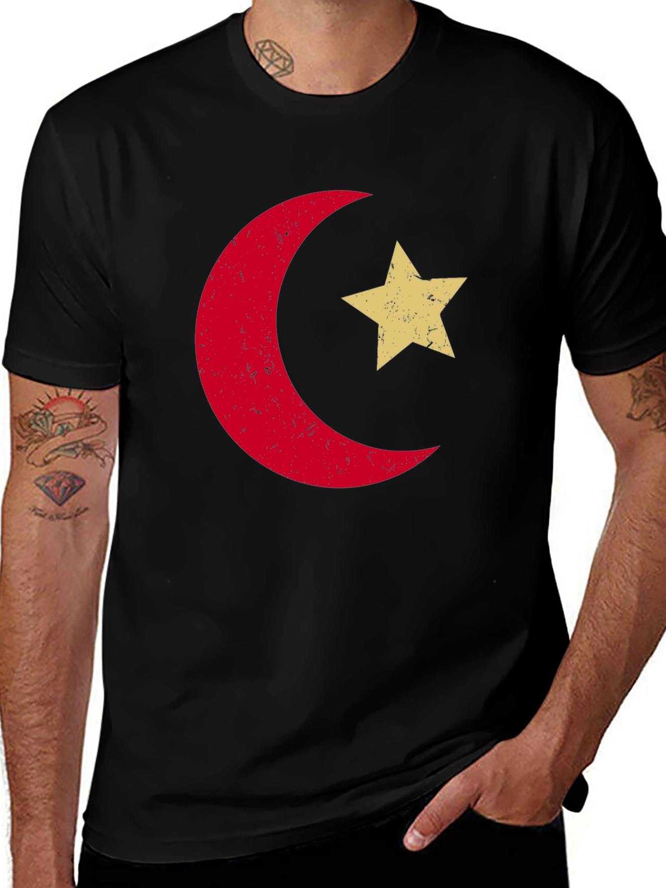 Retro Crescent Moon & Star Graphic Tee - Black