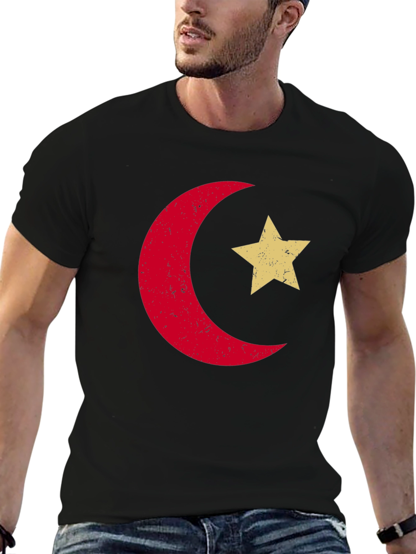 Retro Crescent Moon & Star Graphic Tee - Black