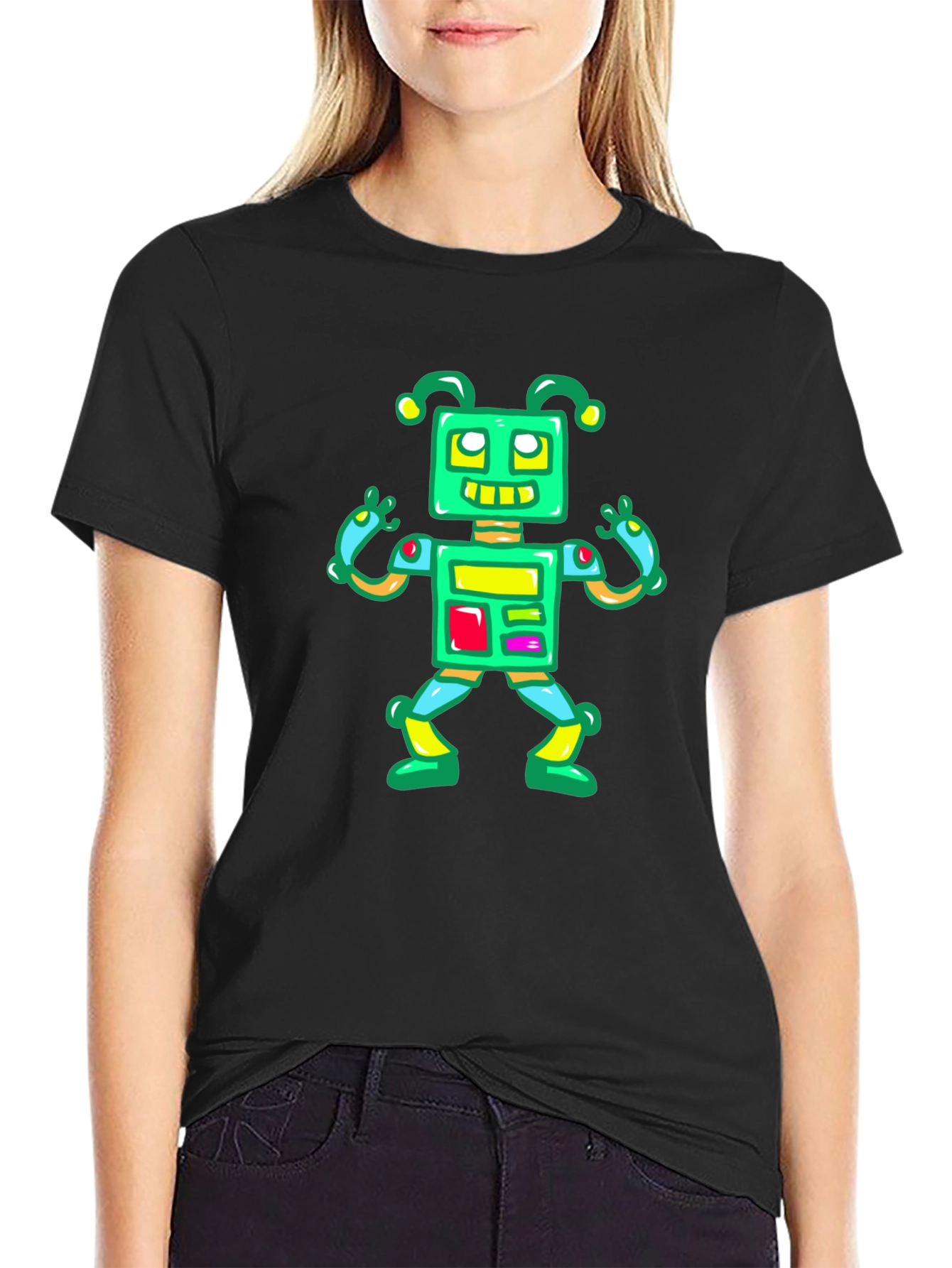 Fun Robot Graphic Tee - Black Cotton Casual Shirt