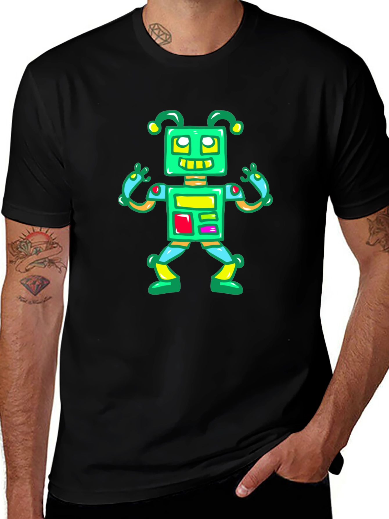 Fun Robot Graphic Tee - Black Cotton Casual Shirt