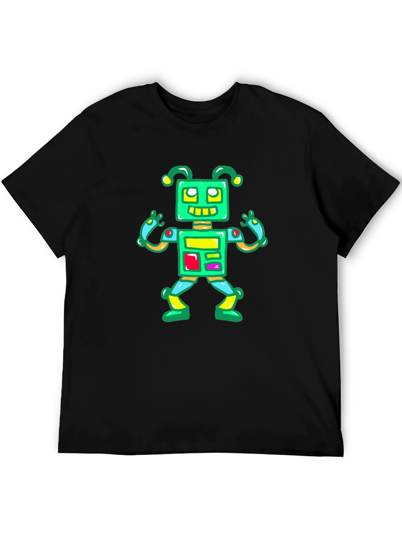 Fun Robot Graphic Tee - Black Cotton Casual Shirt