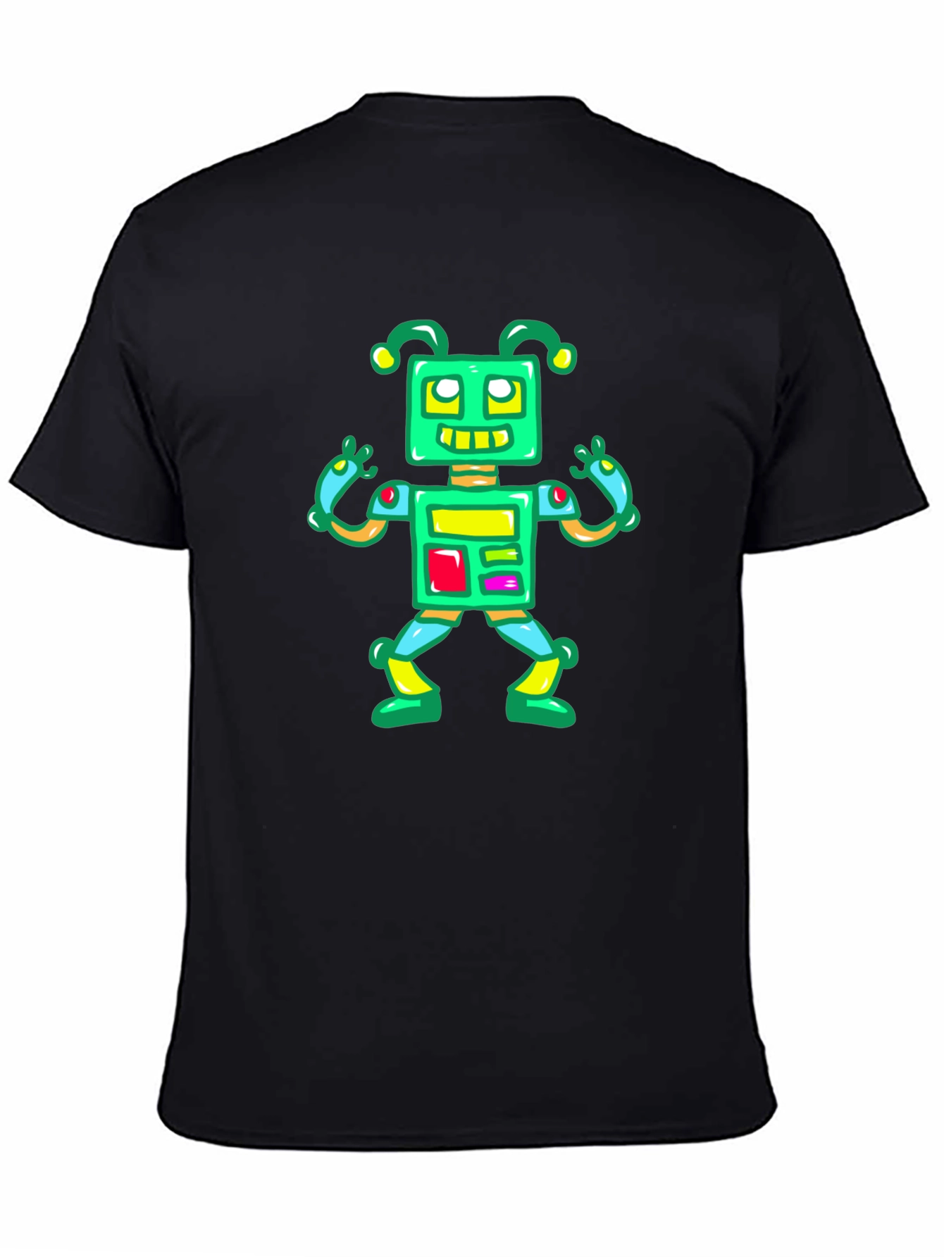 Fun Robot Graphic Tee - Black Cotton Casual Shirt