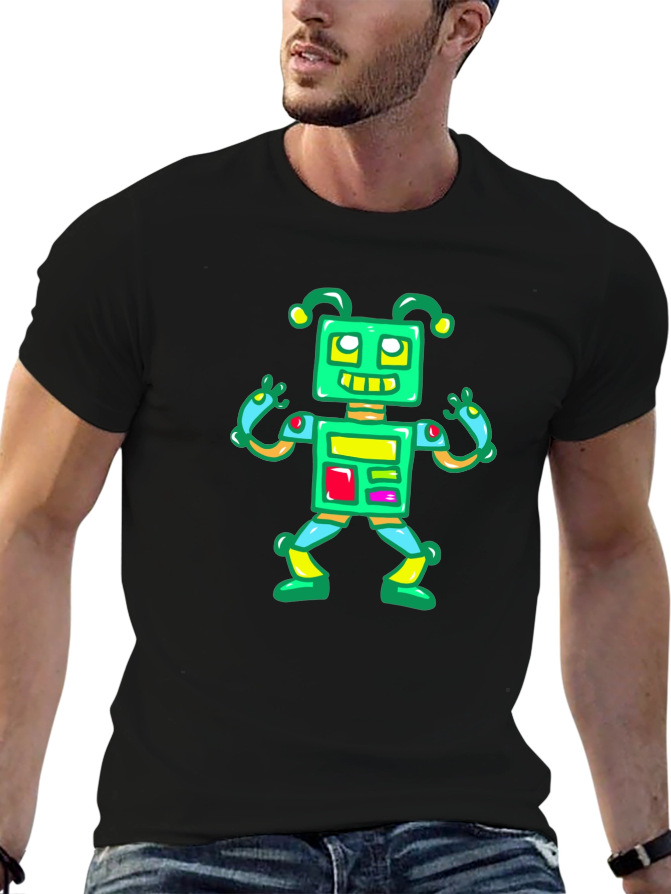 Fun Robot Graphic Tee - Black Cotton Casual Shirt