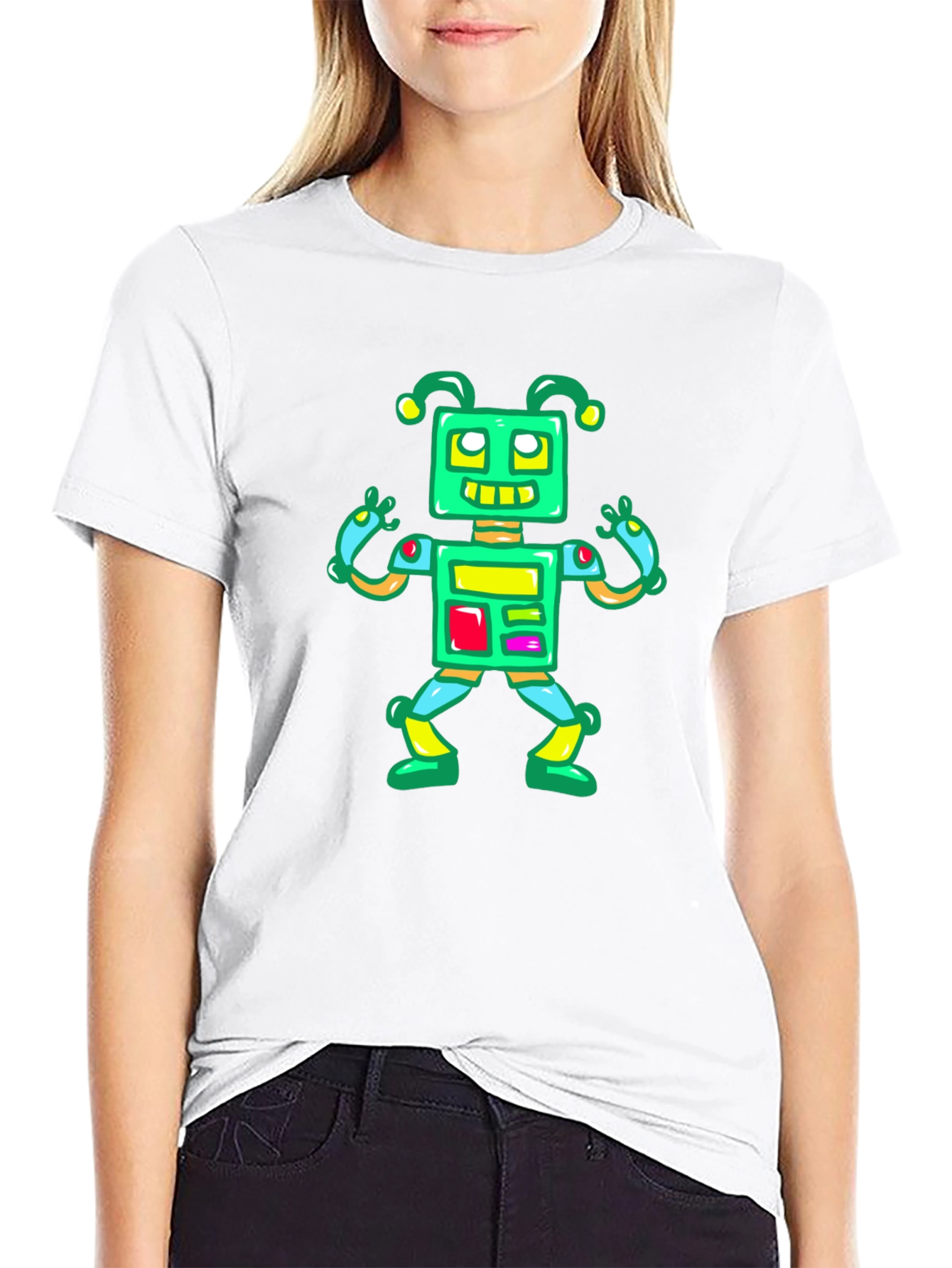 Fun Robot Graphic Tee - Black Cotton Casual Shirt