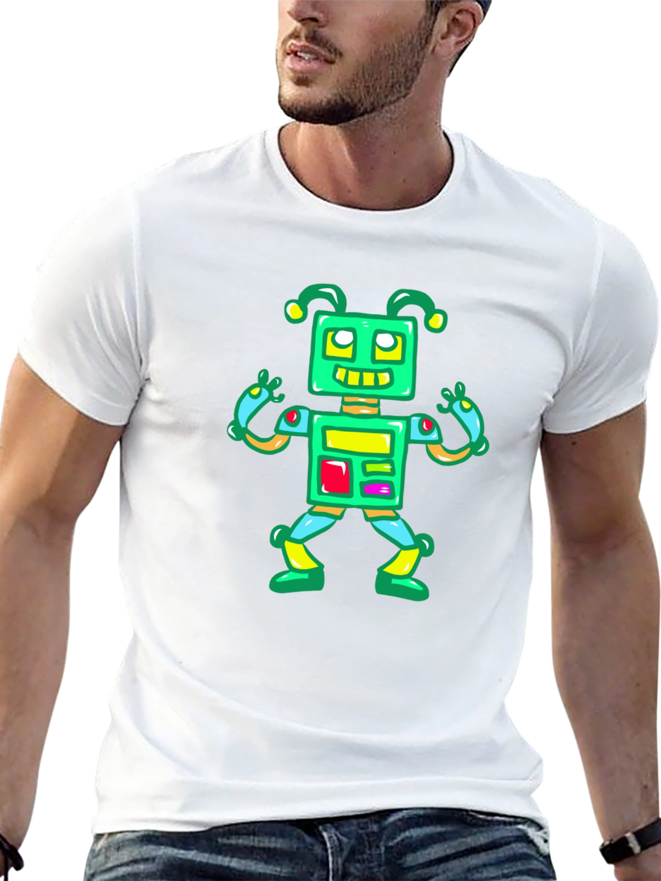 Fun Robot Graphic Tee - Black Cotton Casual Shirt