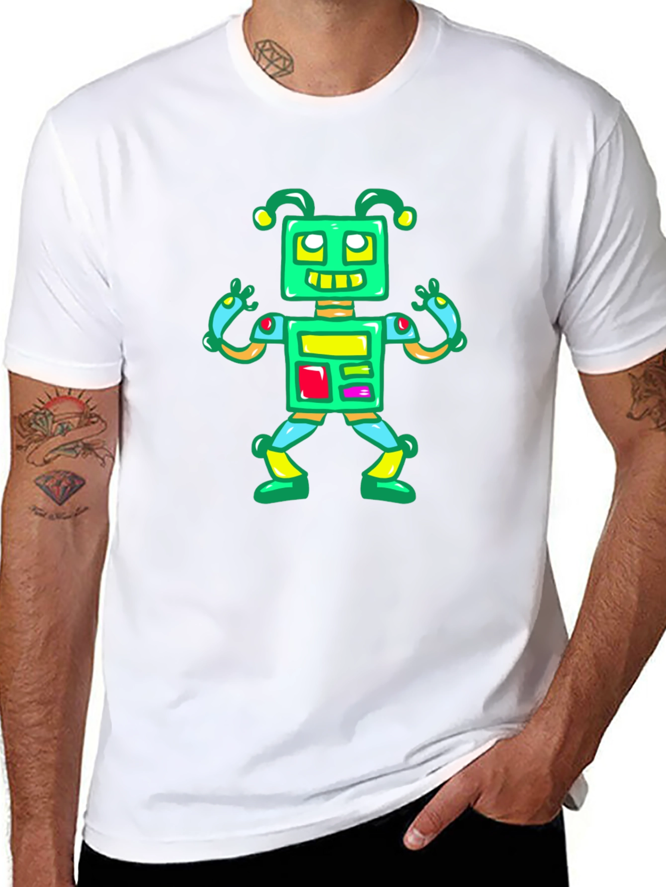 Fun Robot Graphic Tee - Black Cotton Casual Shirt