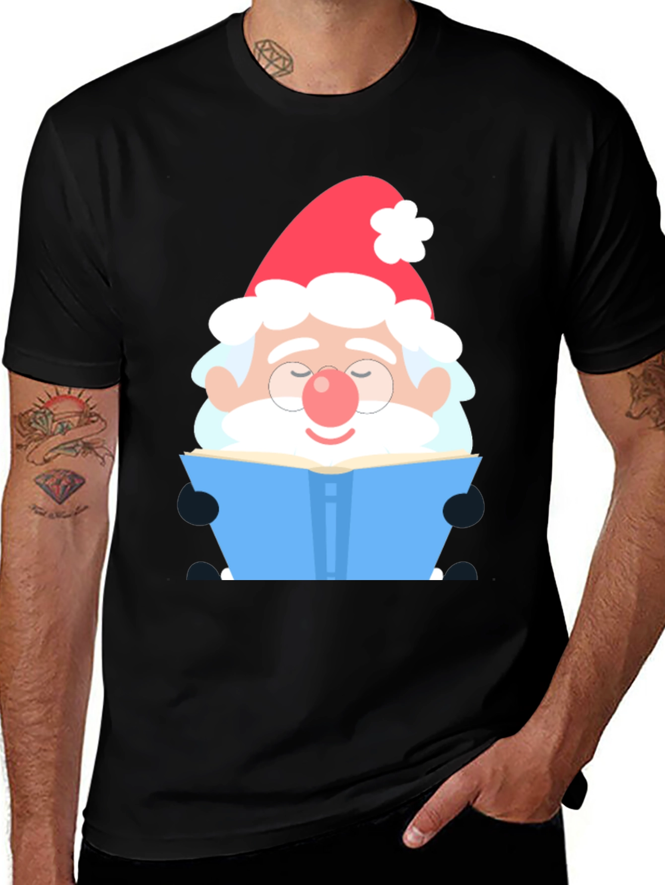 Santa Claus Reading Book Black T-Shirt