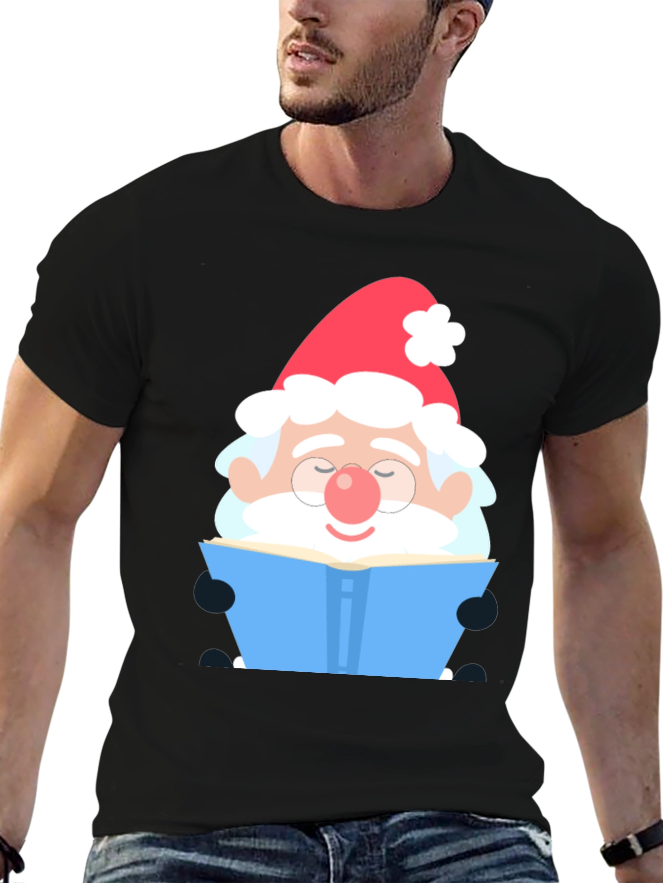 Santa Claus Reading Book Black T-Shirt