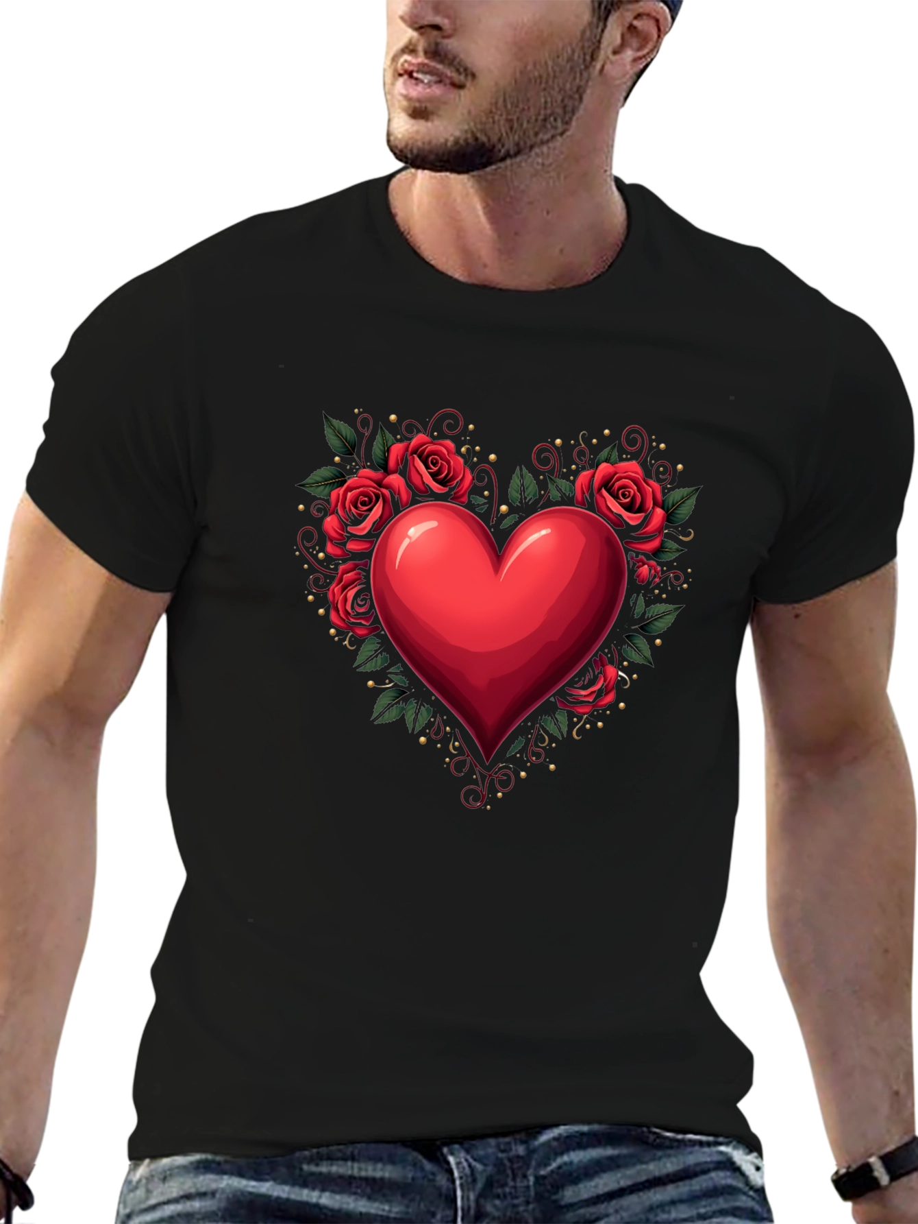 Heart & Roses Graphic Tee - Romantic Black T-Shirt