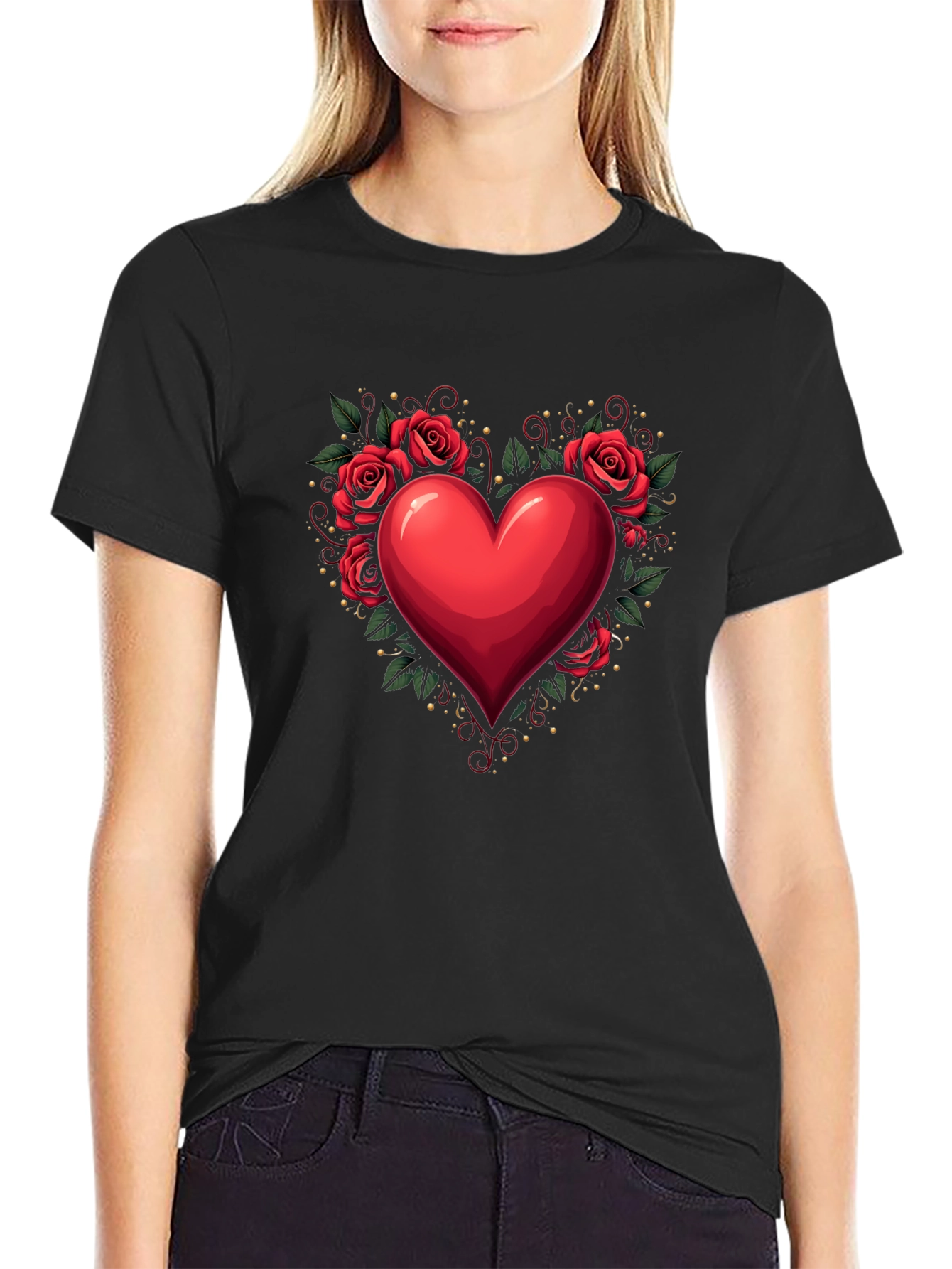 Heart & Roses Graphic Tee - Romantic Black T-Shirt