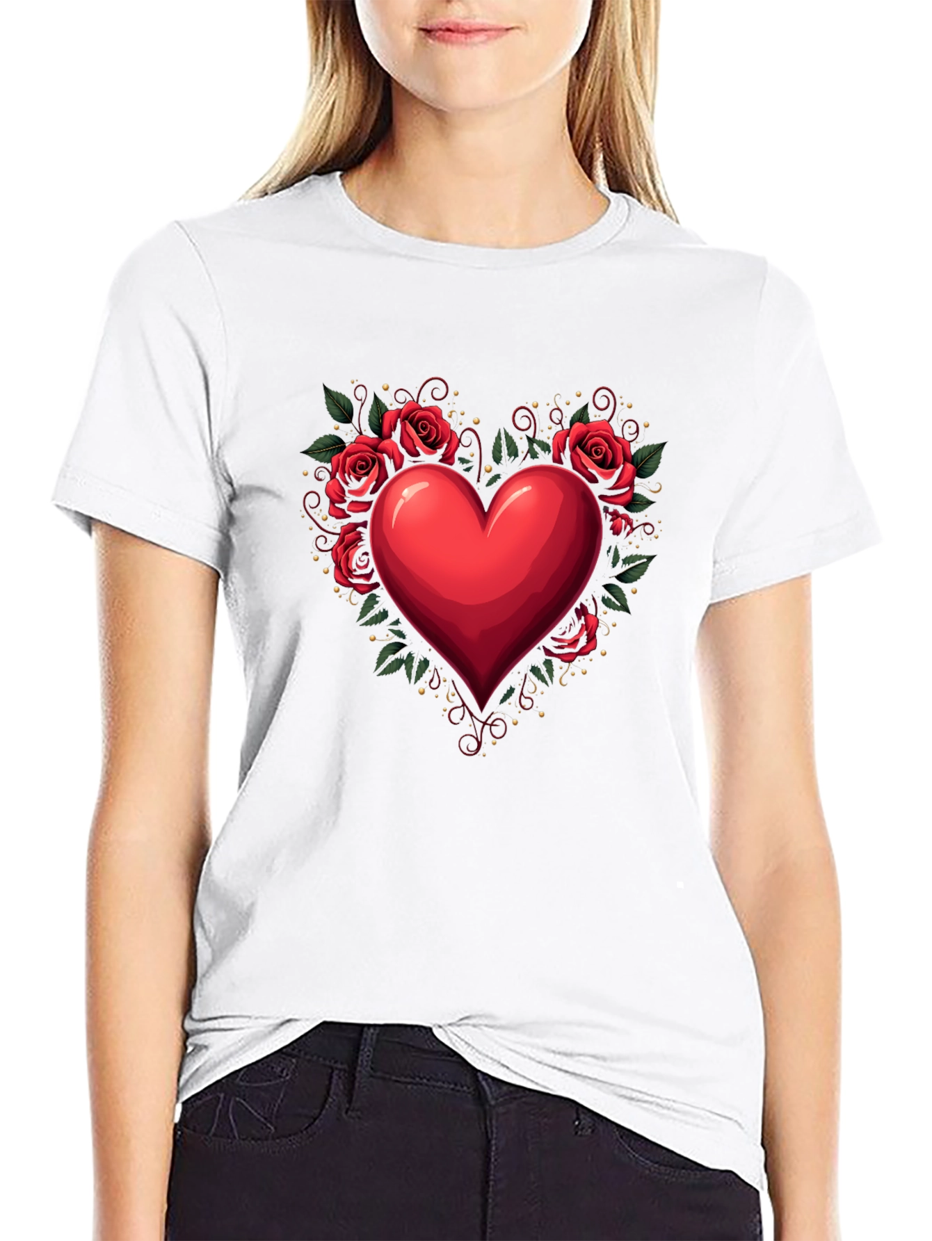 Heart & Roses Graphic Tee - Romantic Black T-Shirt